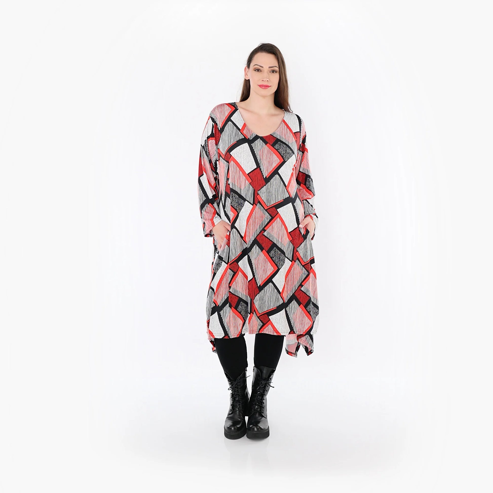  A-Form Bigshirt von AKH Fashion aus Materialmix, 1511.07108, Rot/Weiß/Schwarz, Abstrakt
