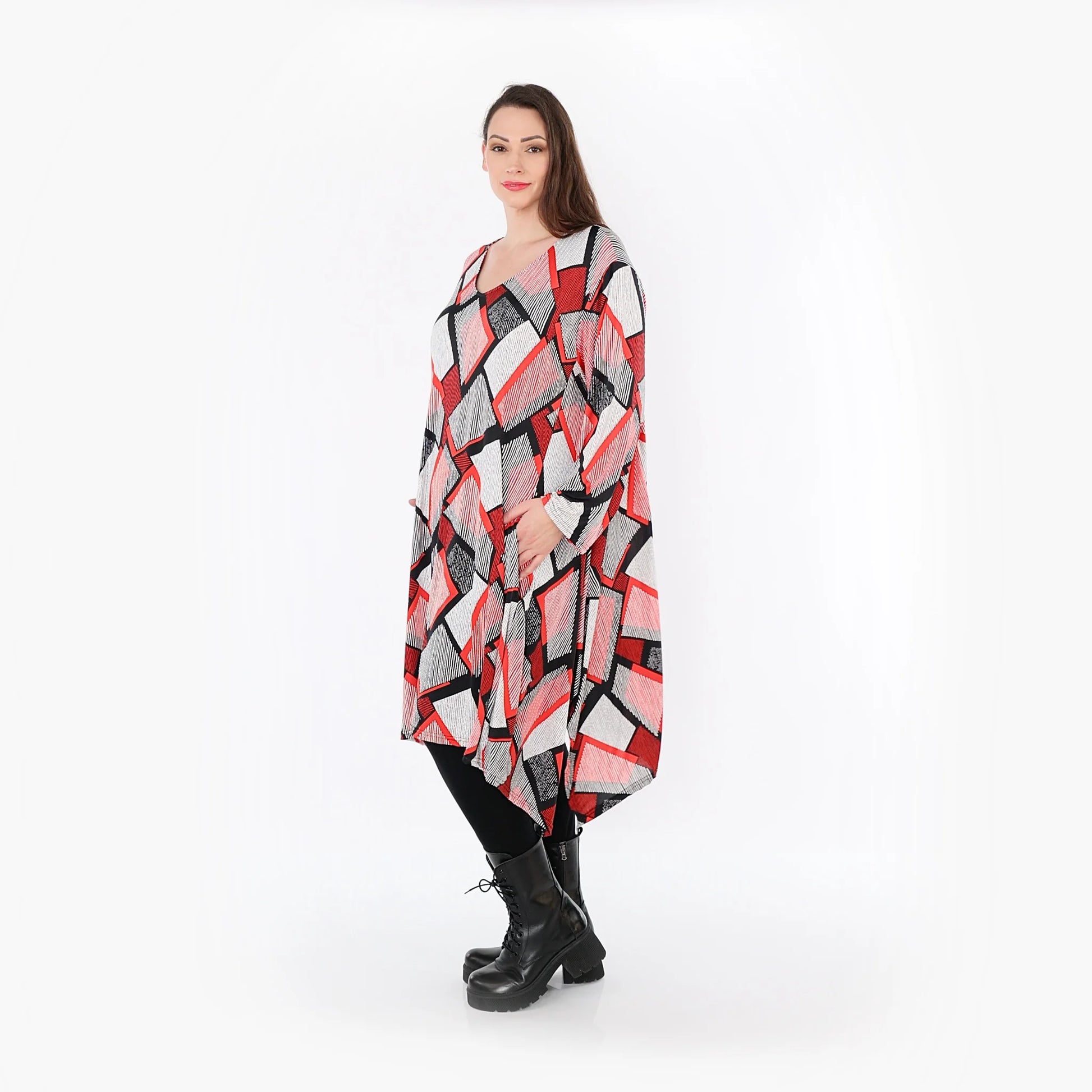  A-Form Bigshirt von AKH Fashion aus Materialmix, 1511.07108, Rot/Weiß/Schwarz, Abstrakt