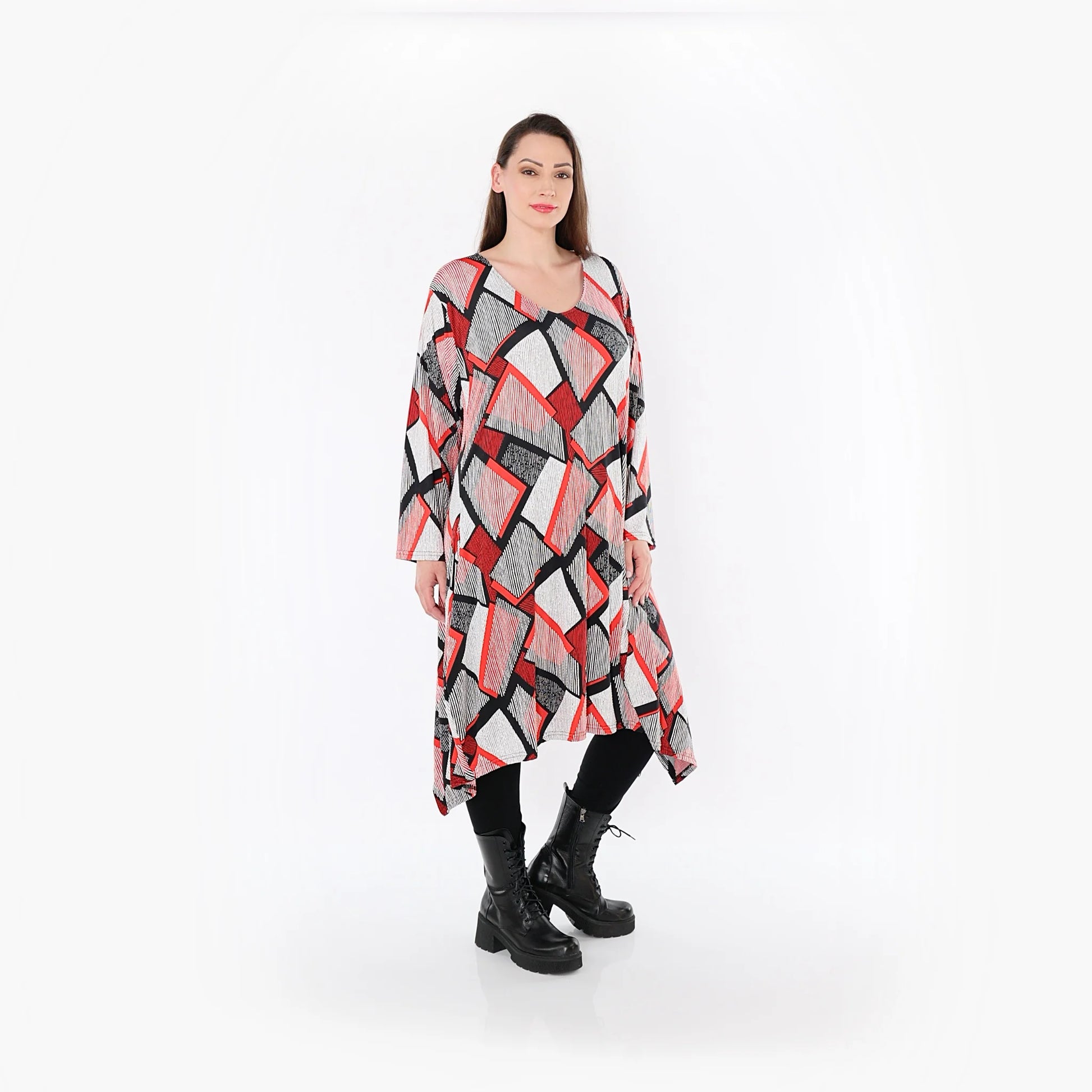  A-Form Bigshirt von AKH Fashion aus Materialmix, 1511.07108, Rot/Weiß/Schwarz, Abstrakt