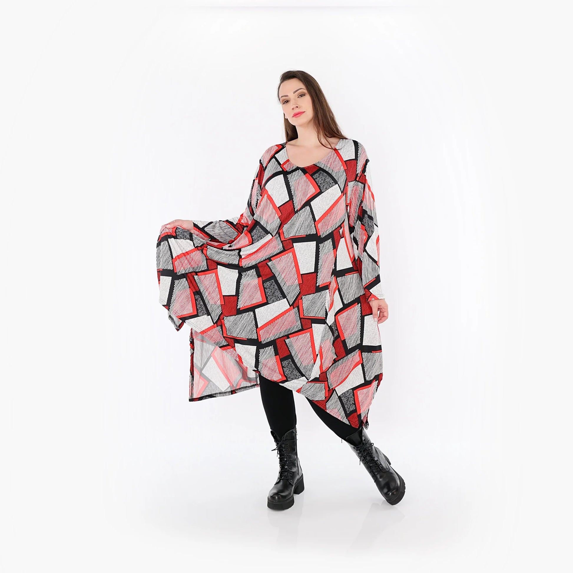  A-Form Bigshirt von AKH Fashion aus Materialmix, 1511.07108, Rot/Weiß/Schwarz, Abstrakt