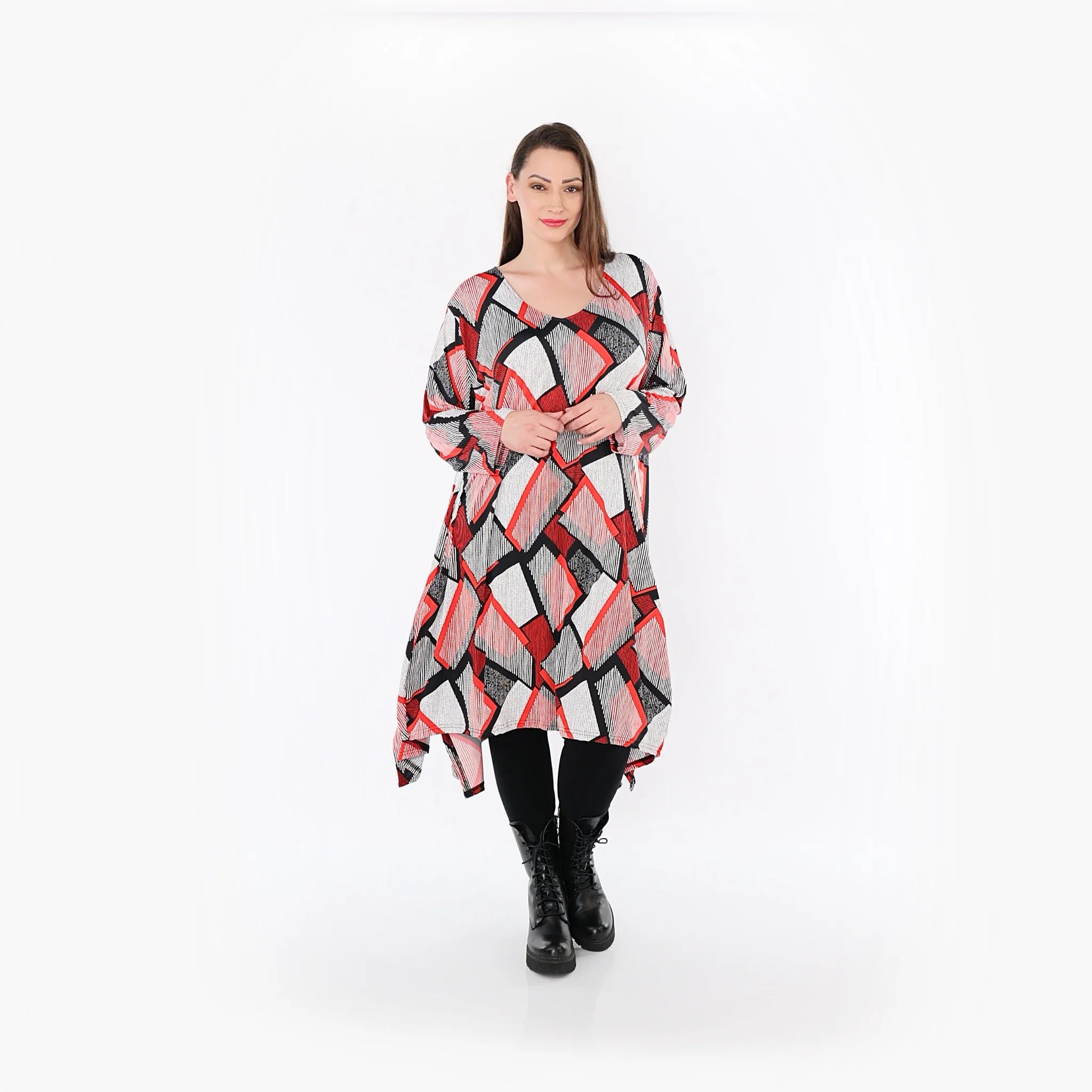  A-Form Bigshirt von AKH Fashion aus Materialmix, 1511.07108, Rot/Weiß/Schwarz, Abstrakt
