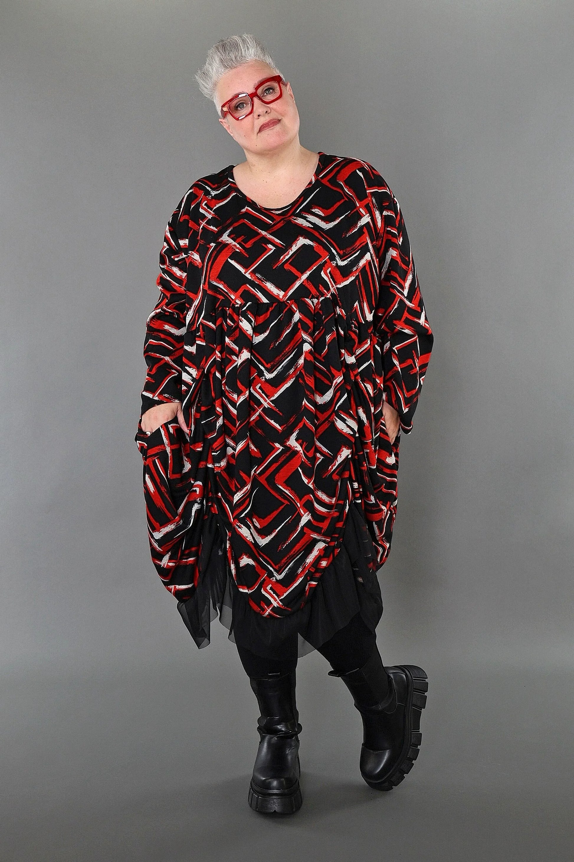  Ballonkleid von AKH Fashion aus Viskose, 1517.07128, Schwarz/Rot/Weiß, Pinselstrich