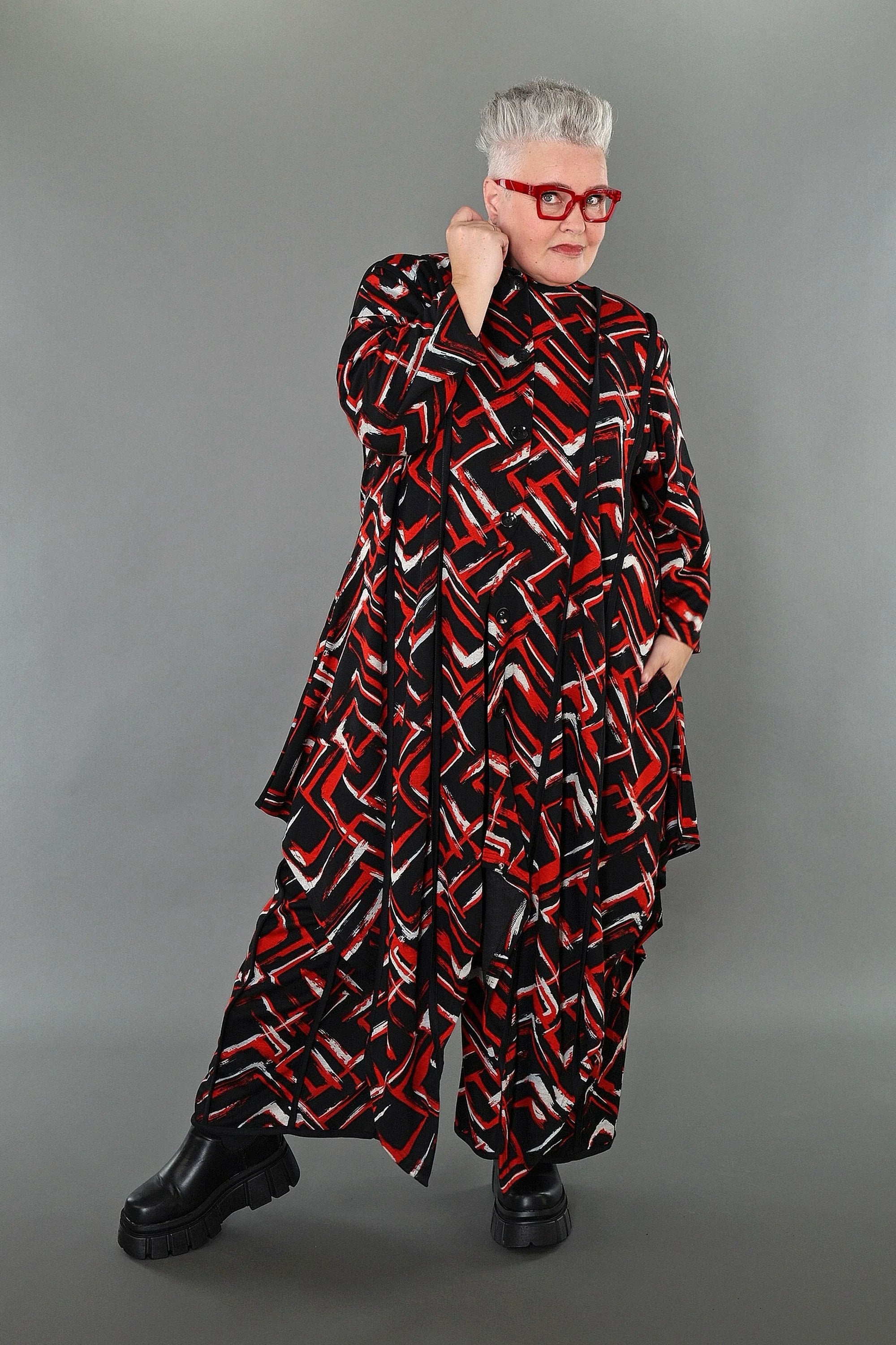 Zipfel Bluse von AKH Fashion aus Viskose, 1517.07129, Schwarz/Rot/Weiß, Pinselstrich