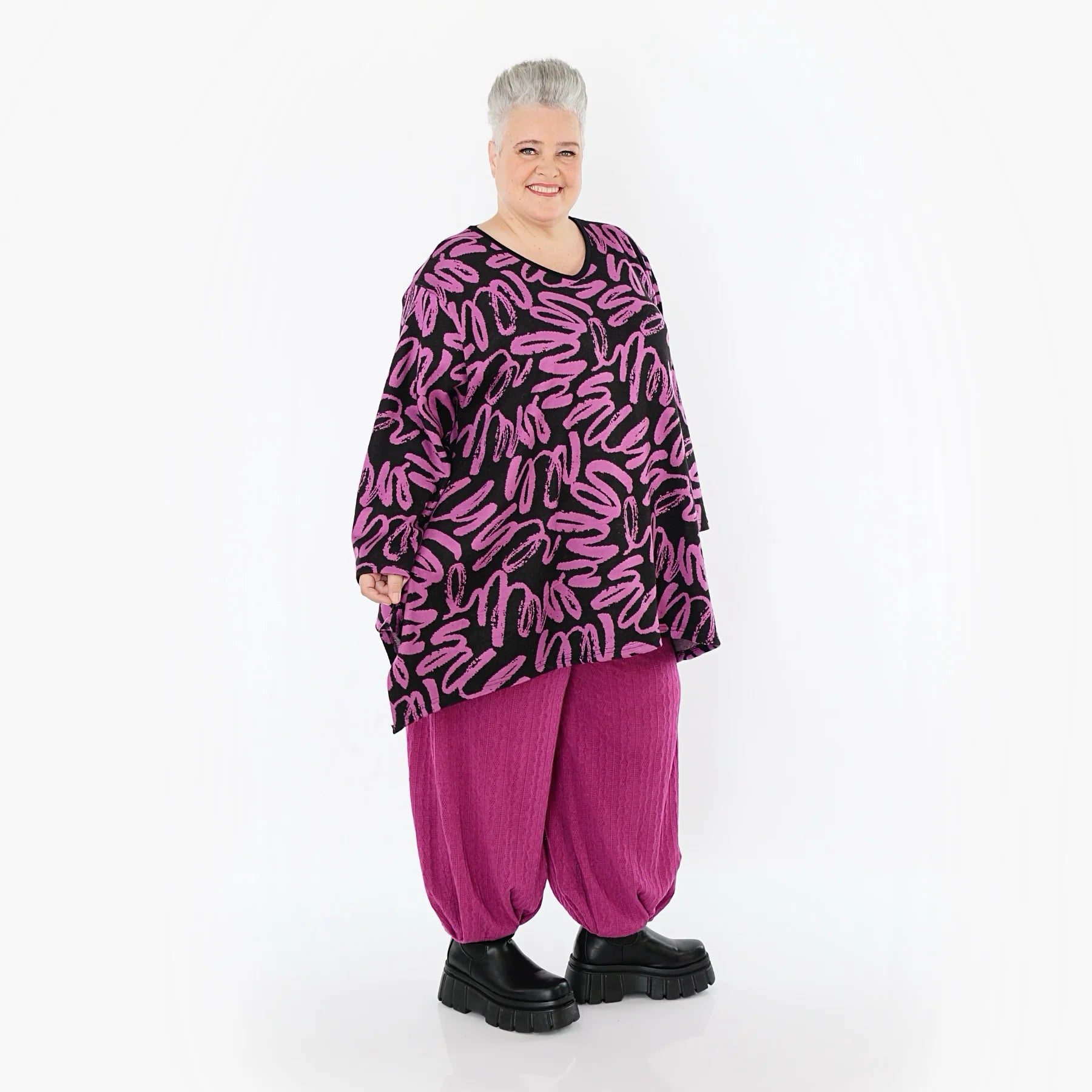  A-Form Bigshirt von AKH Fashion aus Materialmix, 1529.01019, Schwarz/Fuchsia, Kringel, Schick