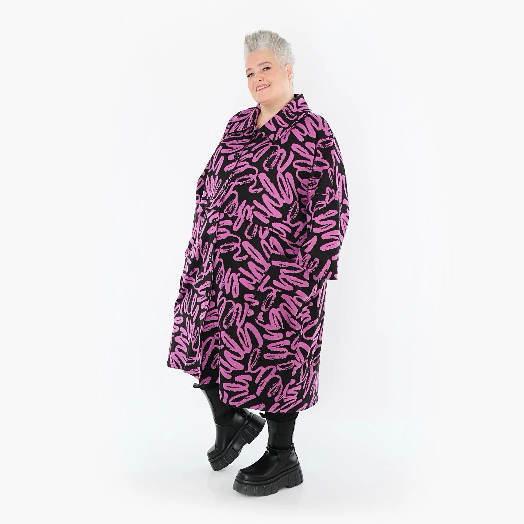  AKH Fashion Mantel in Glocken-Form, aus Materialmix, 1529.07041, Schwarz/Fuchsia, Kringel