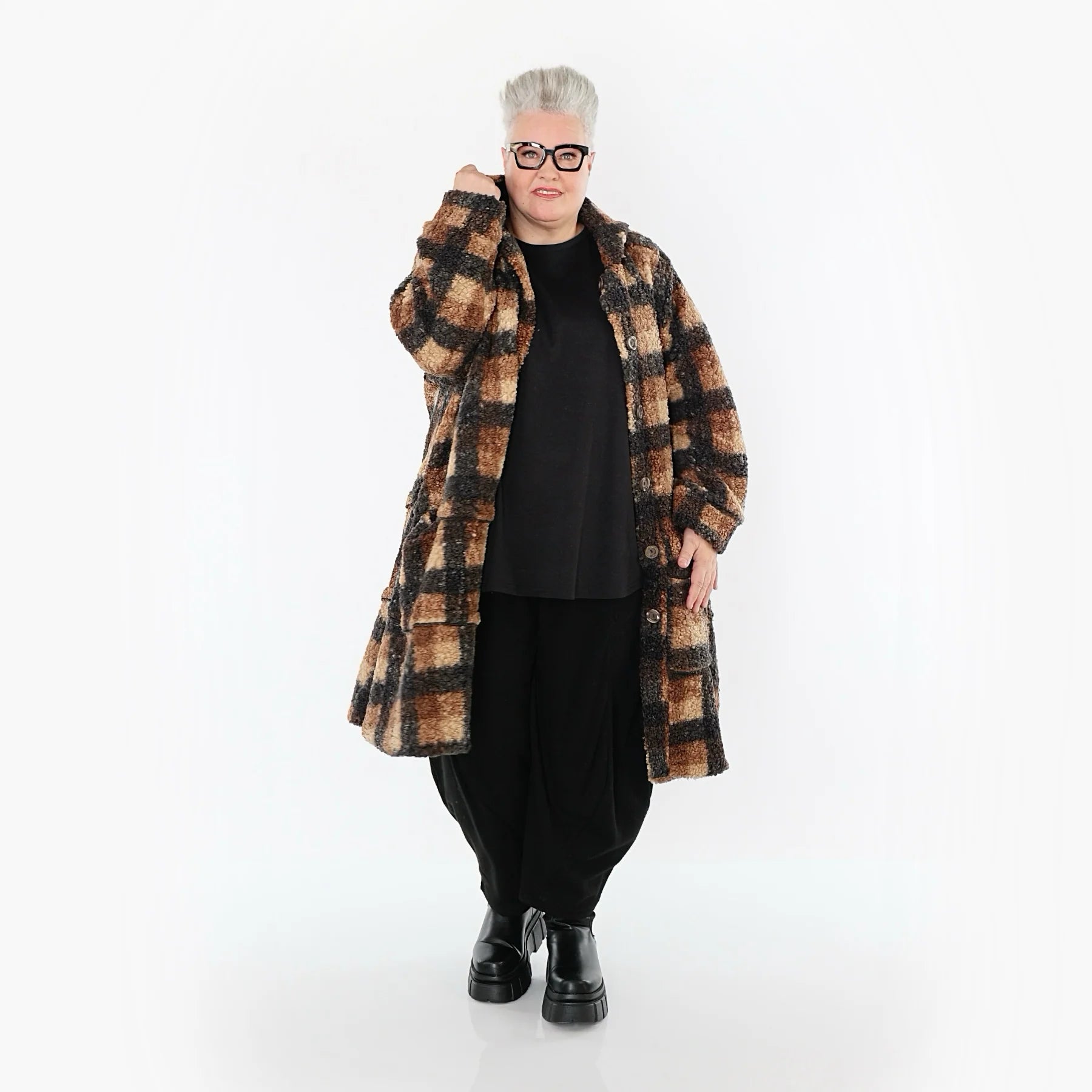  AKH Fashion Jacke in Glocken-Form, aus Polyester, 1535.02225, Cognac/Beige/Grau, Kariert