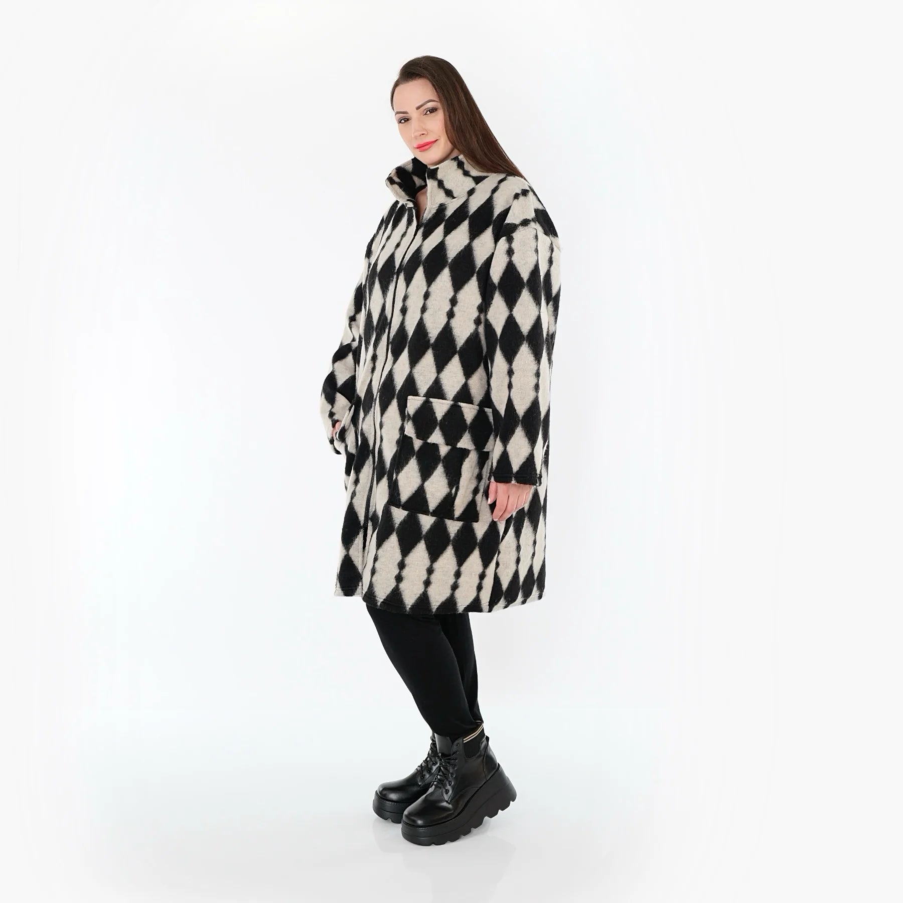  AKH Fashion Mantel in gerader Form, aus Materialmix, 1538.06656, Ecru/Schwarz, Raute