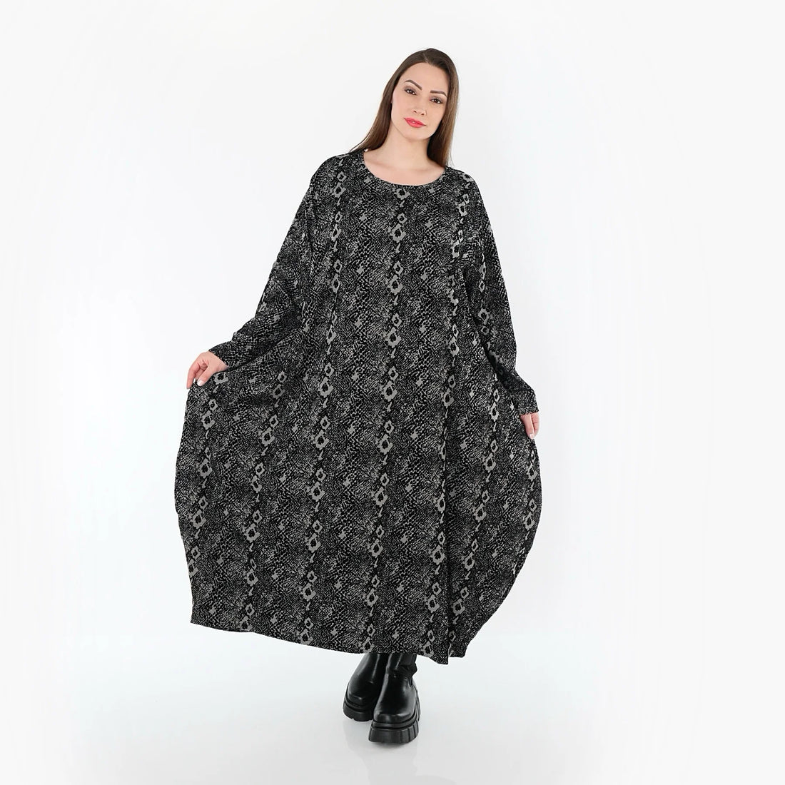  Ballonkleid von AKH Fashion aus Materialmix, 1541.01926, Grau/Schwarz, Reptil, Schick