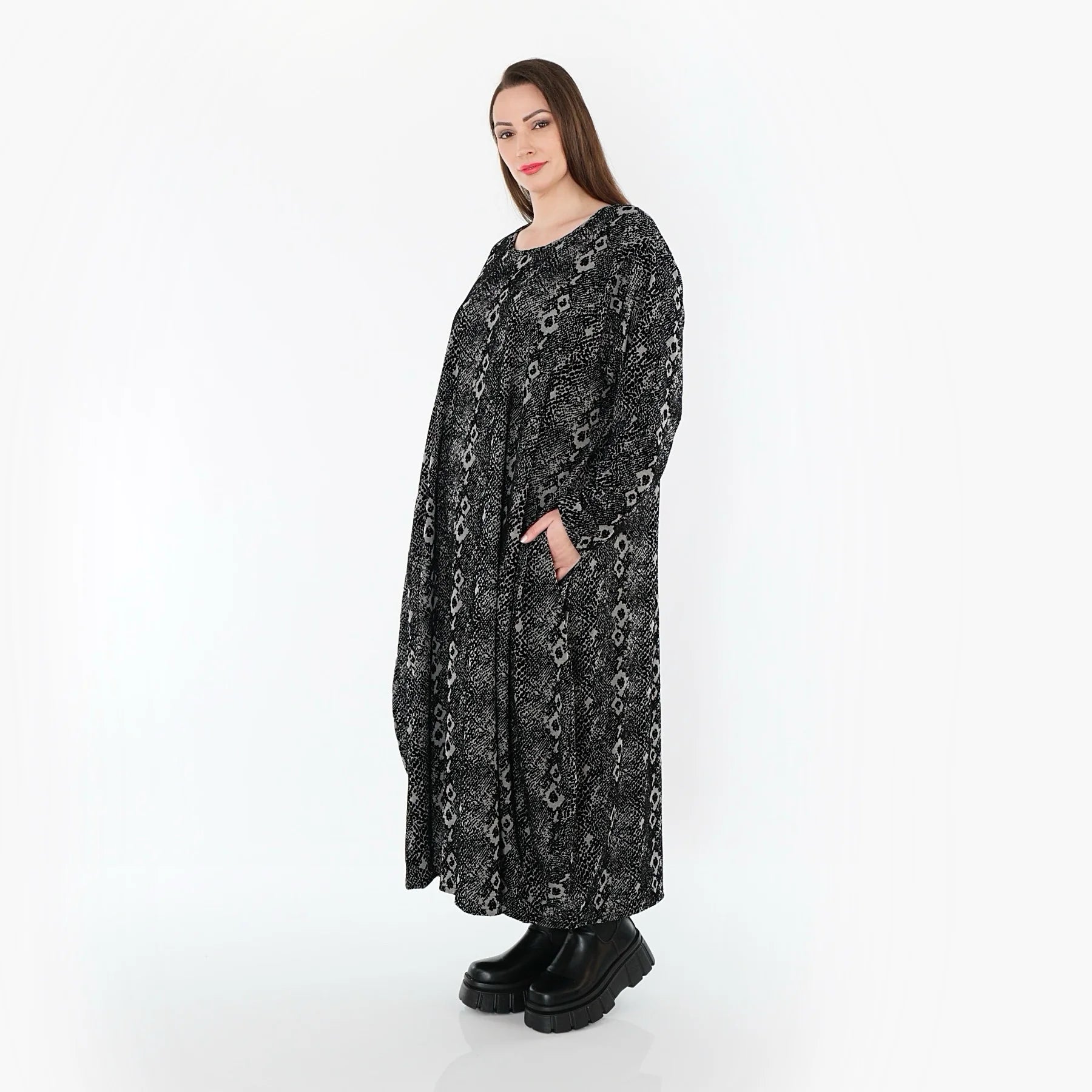  Ballonkleid von AKH Fashion aus Materialmix, 1541.01926, Grau/Schwarz, Reptil, Schick