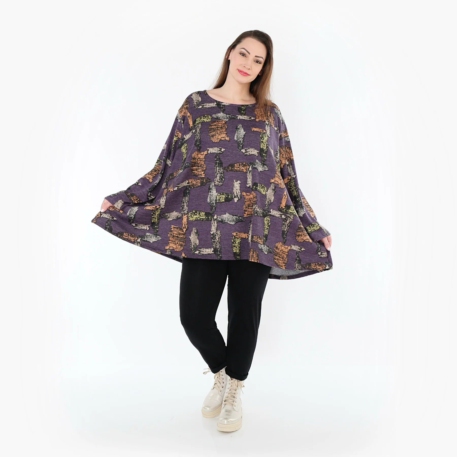  A-Form Bigshirt von AKH Fashion aus Materialmix, 1548.00593, Violett/Multi, Abstrakt, Schick