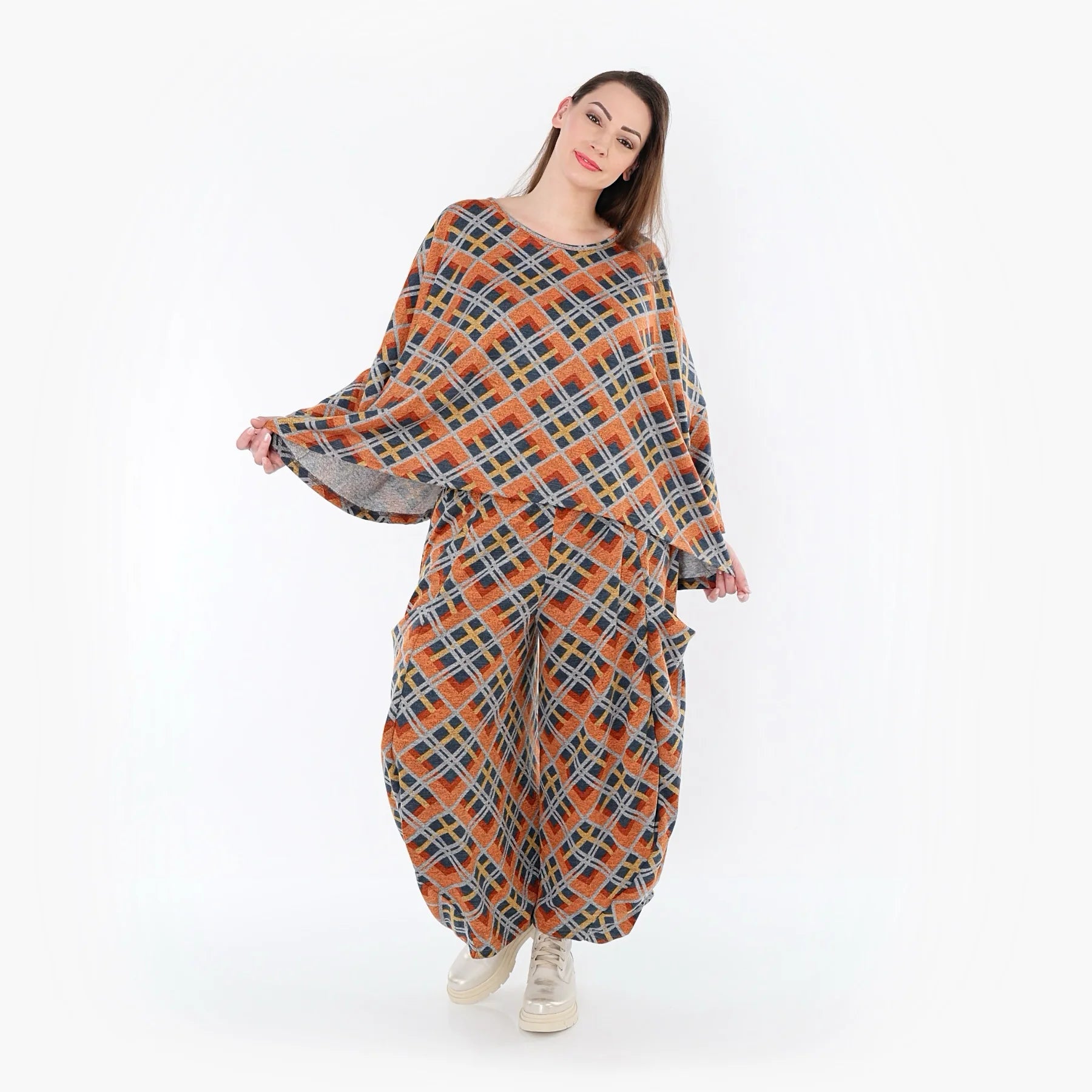  Ballonhose von AKH Fashion aus Materialmix, 1549.08069, Orange/Blau/Grau, Kariert, Schick