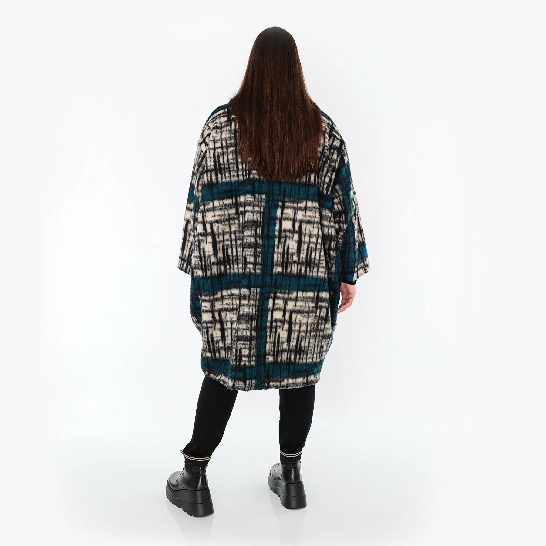  Ballonmantel von AKH Fashion aus Materialmix, 1553.07164, Schwarz/Ecru/Petrol, Kariert