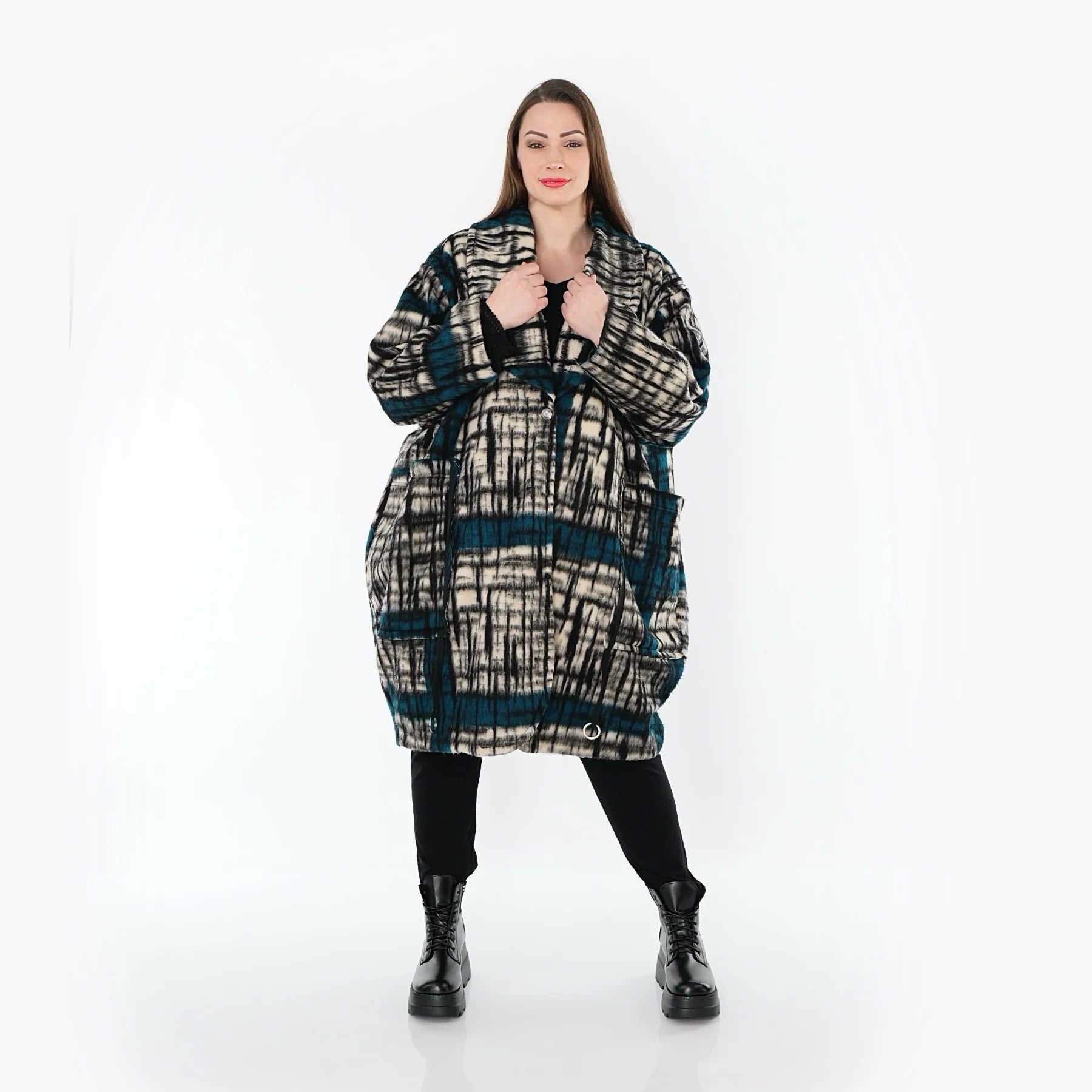  Ballonmantel von AKH Fashion aus Materialmix, 1553.07164, Schwarz/Ecru/Petrol, Kariert