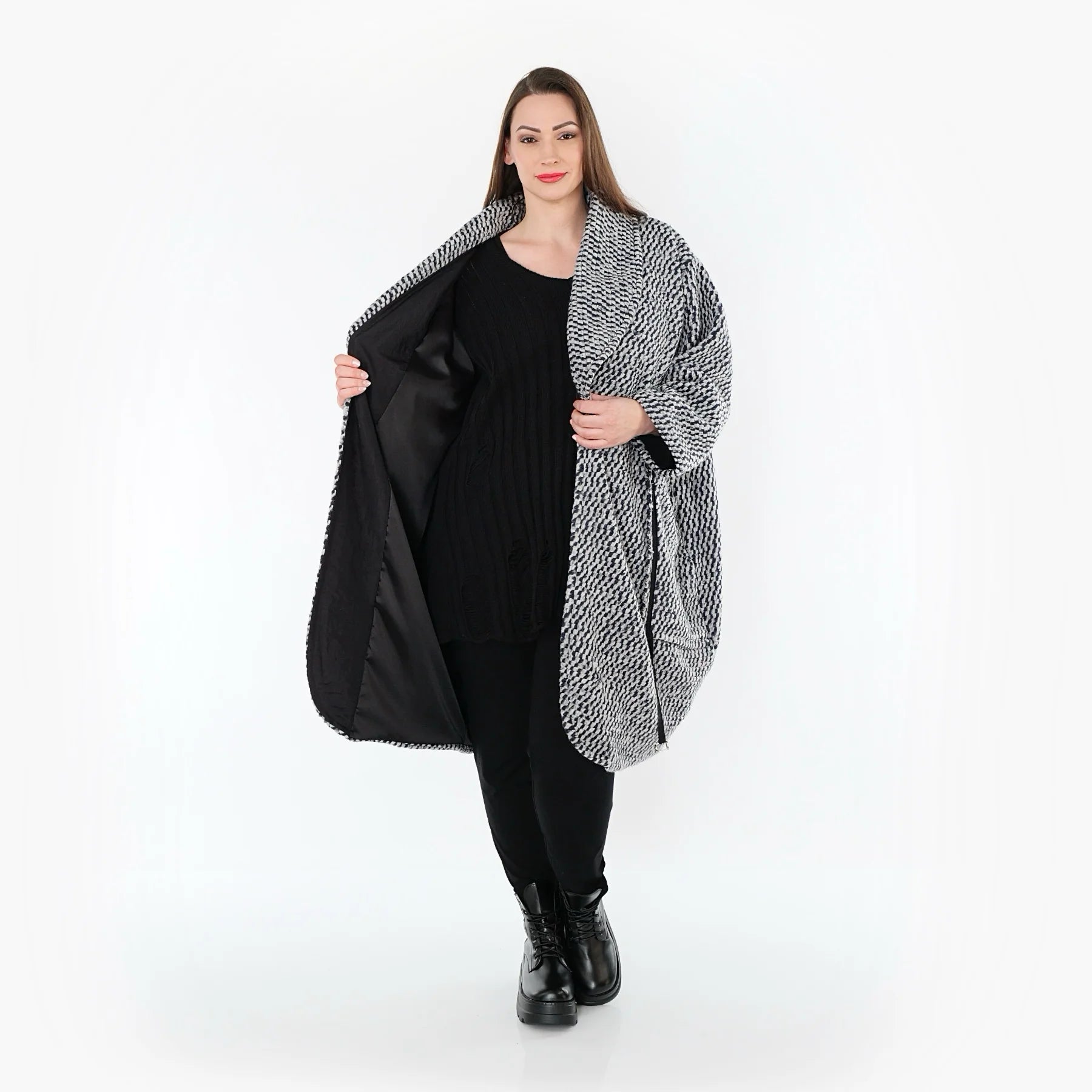  Ballonmantel von AKH Fashion aus Materialmix, 1554.07164, Grau/Blau, Kariert, Ausgefallen