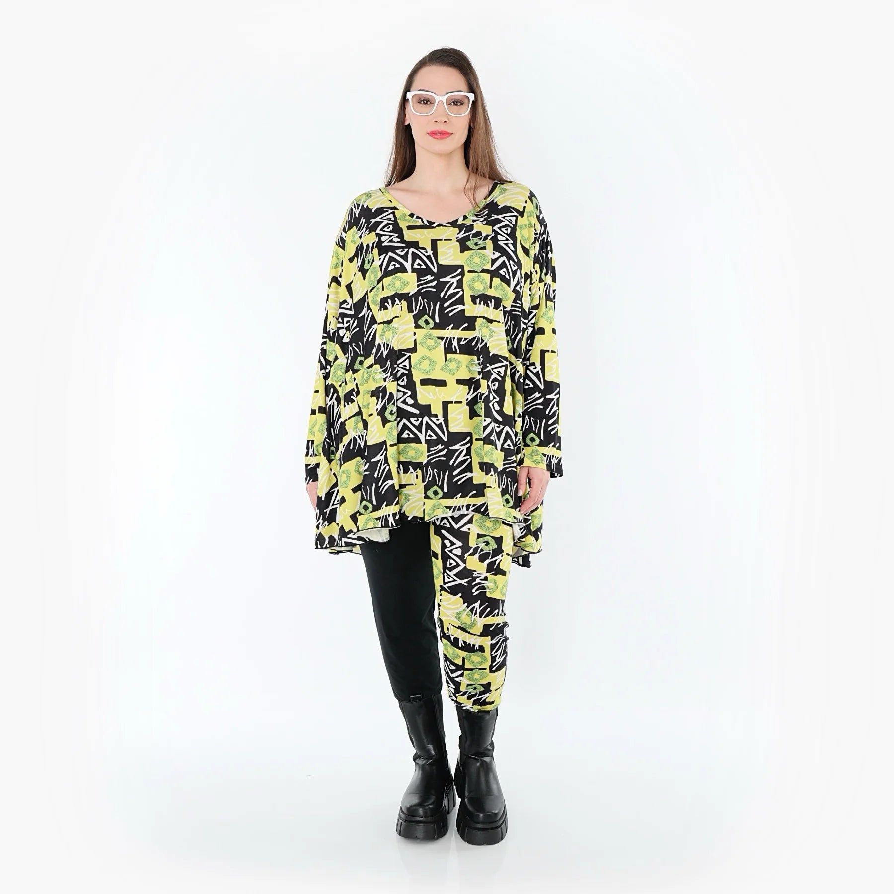  A-Form Bigshirt von AKH Fashion aus Viskose, 1556.00593, Gelb/Multi, Abstrakt, Ausgefallen