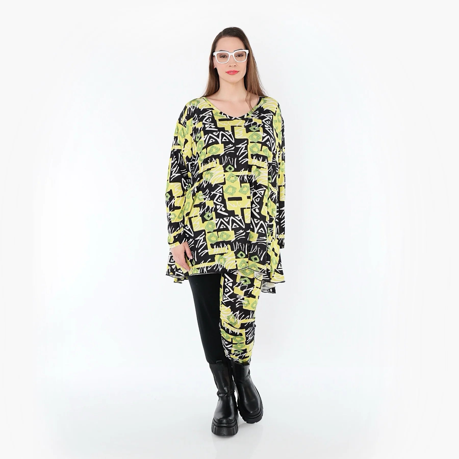  A-Form Bigshirt von AKH Fashion aus Viskose, 1556.00593, Gelb/Multi, Abstrakt, Ausgefallen