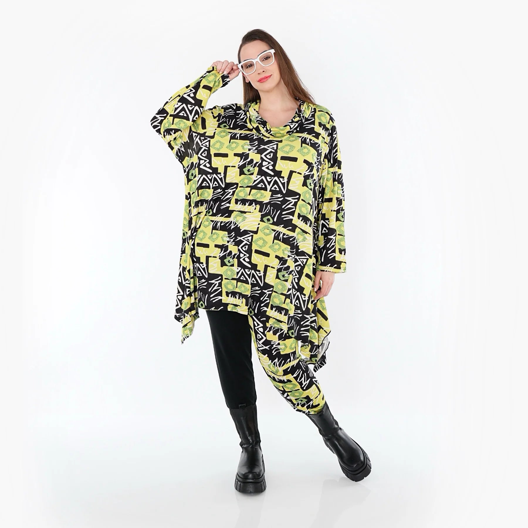  A-Form Bigshirt von AKH Fashion aus Viskose, 1556.03371, Gelb/Multi, Abstrakt, Ausgefallen