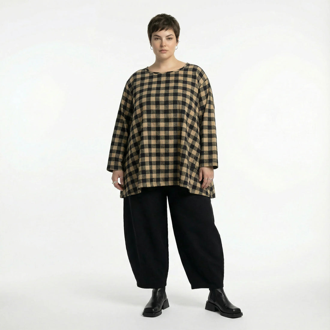  A-Form Bigshirt von AKH Fashion aus Polyester, 1562.00593, Sand/Schwarz, Kariert, Schick