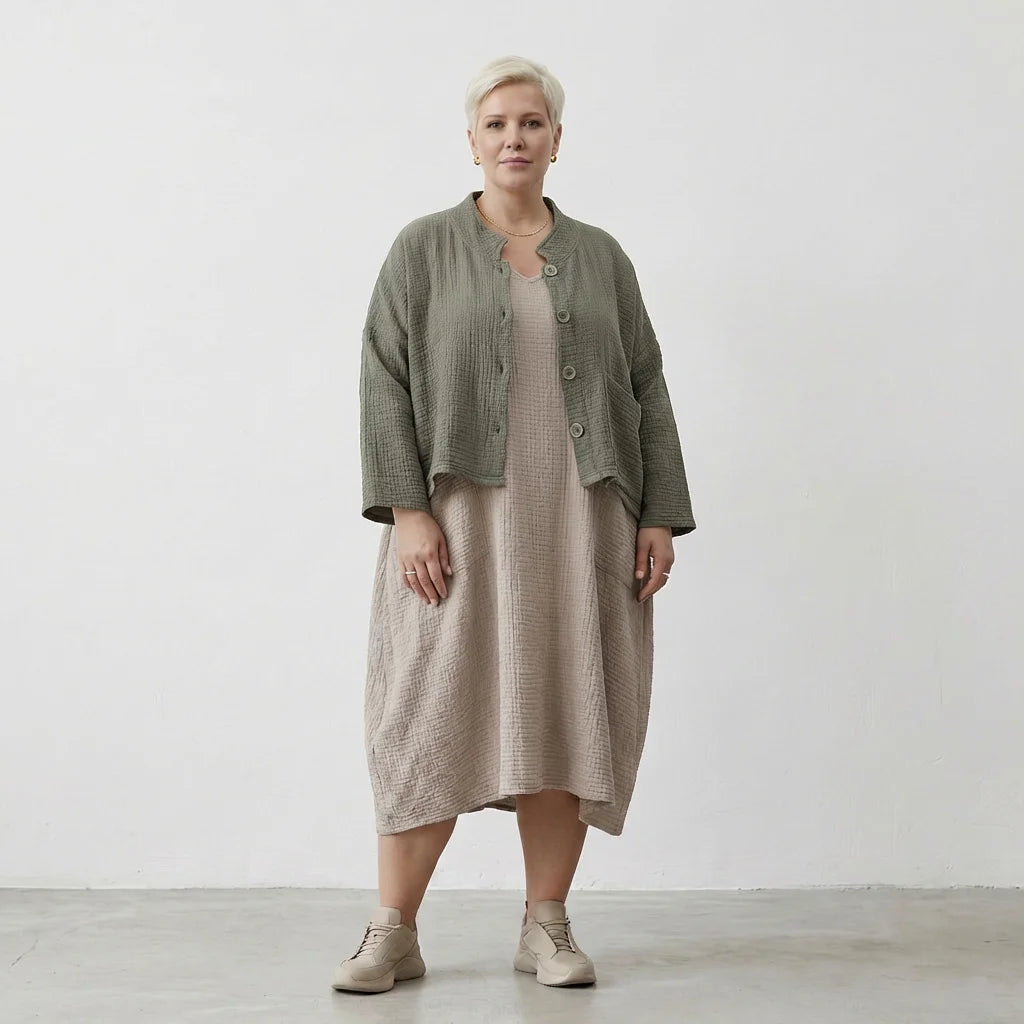 AKH Fashion Jacke in kastiger Form, aus Baumwolle, 1573.06929, Khaki, Kariert, Schick