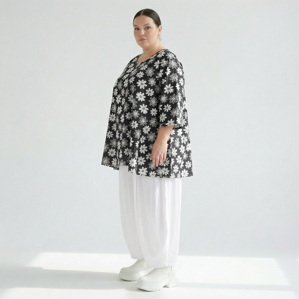 A-Form Bigshirt von AKH Fashion aus Viskose, 1575.00593, Schwarz/Weiß, Blumen, Ausgefallen