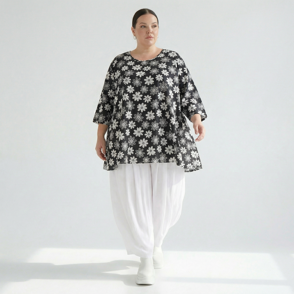 A-Form Bigshirt von AKH Fashion aus Viskose, 1575.00593, Schwarz/Weiß, Blumen, Ausgefallen