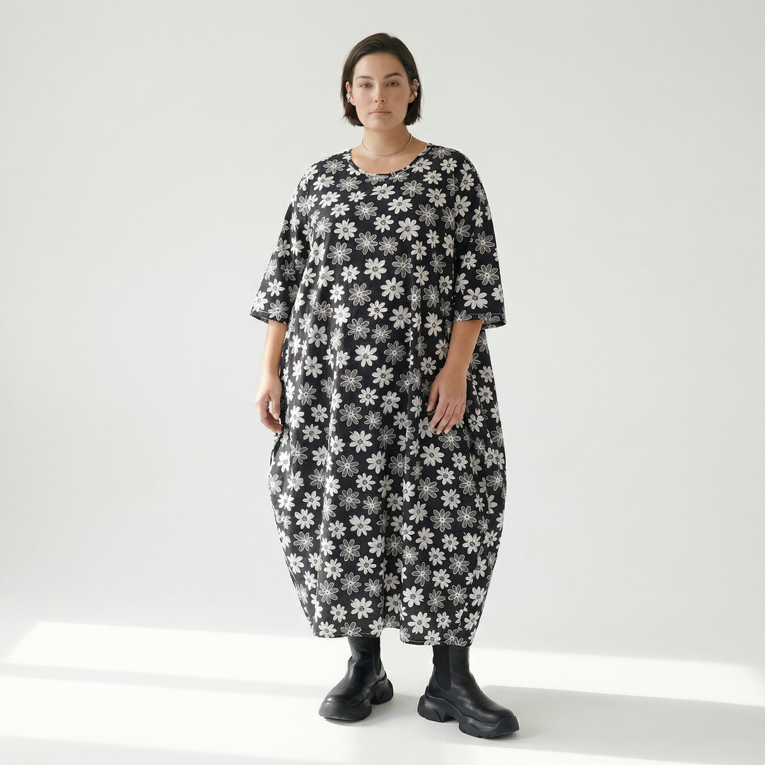  Ballonkleid von AKH Fashion aus Viskose, 1575.01926, Schwarz/Weiß, Blumen, Ausgefallen