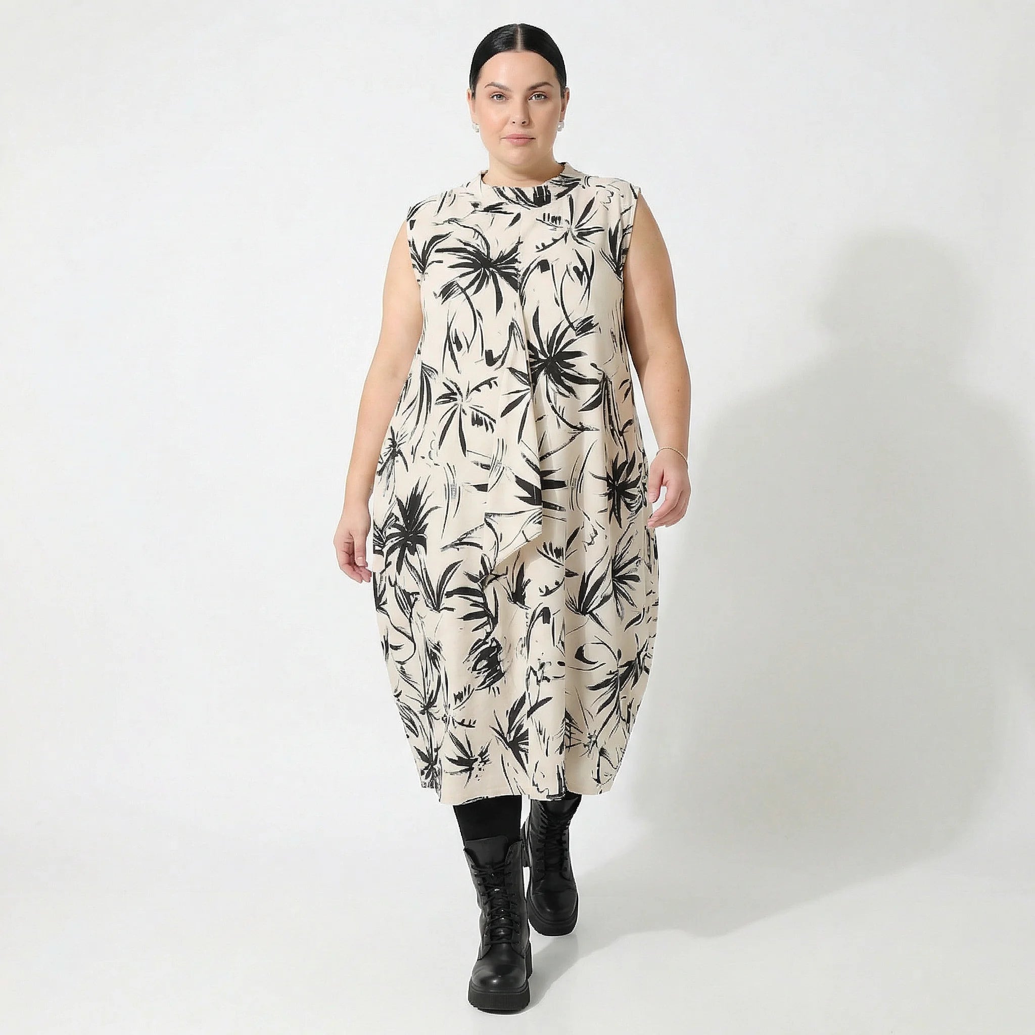 Ballonkleid von AKH Fashion aus Baumwolle, 1578.07072, Ecru/Schwarz, Blumen, Ausgefallen