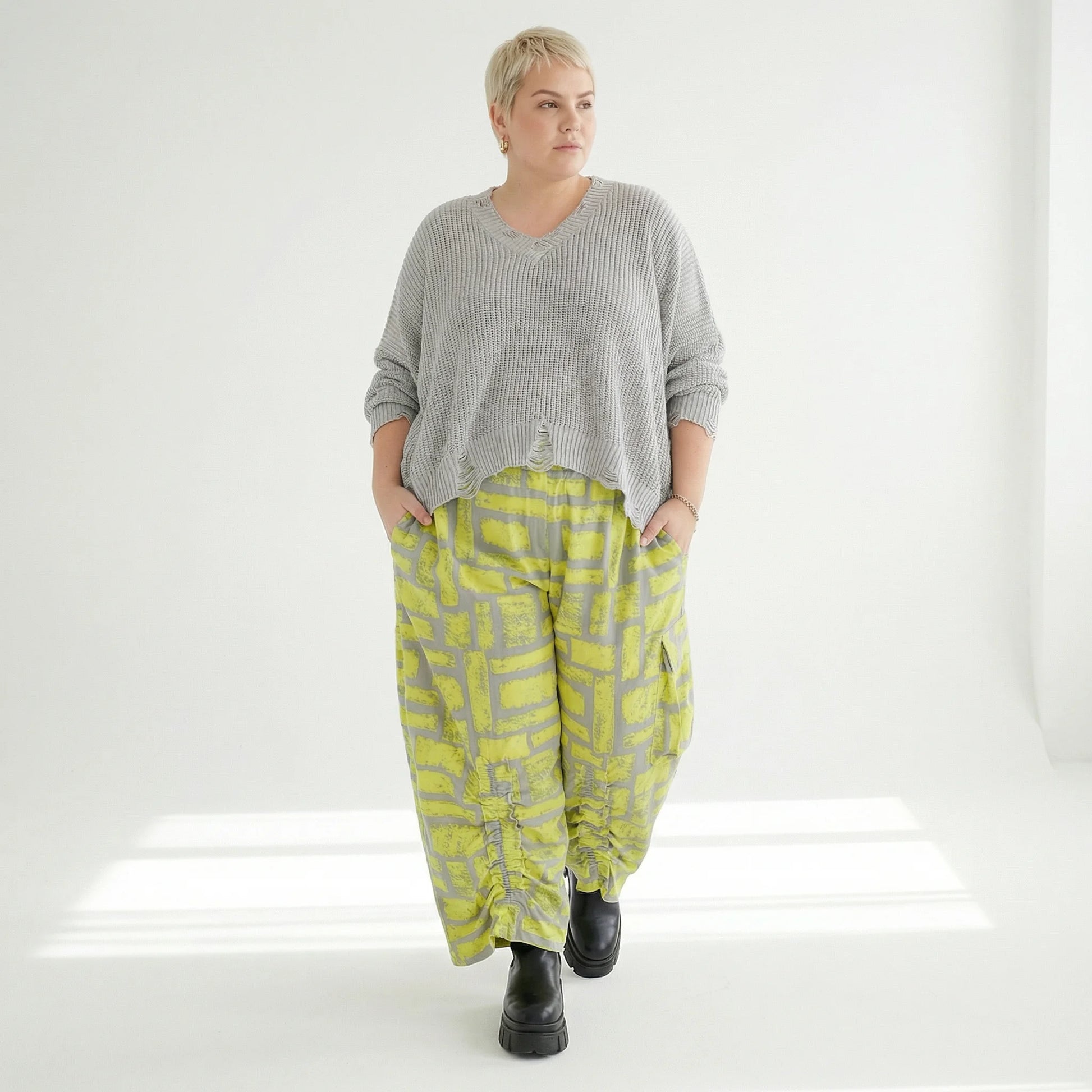 Ballonhose von AKH Fashion aus Baumwolle, 1580.07181, Gelb/Grau, Ziegelsteine, Schick