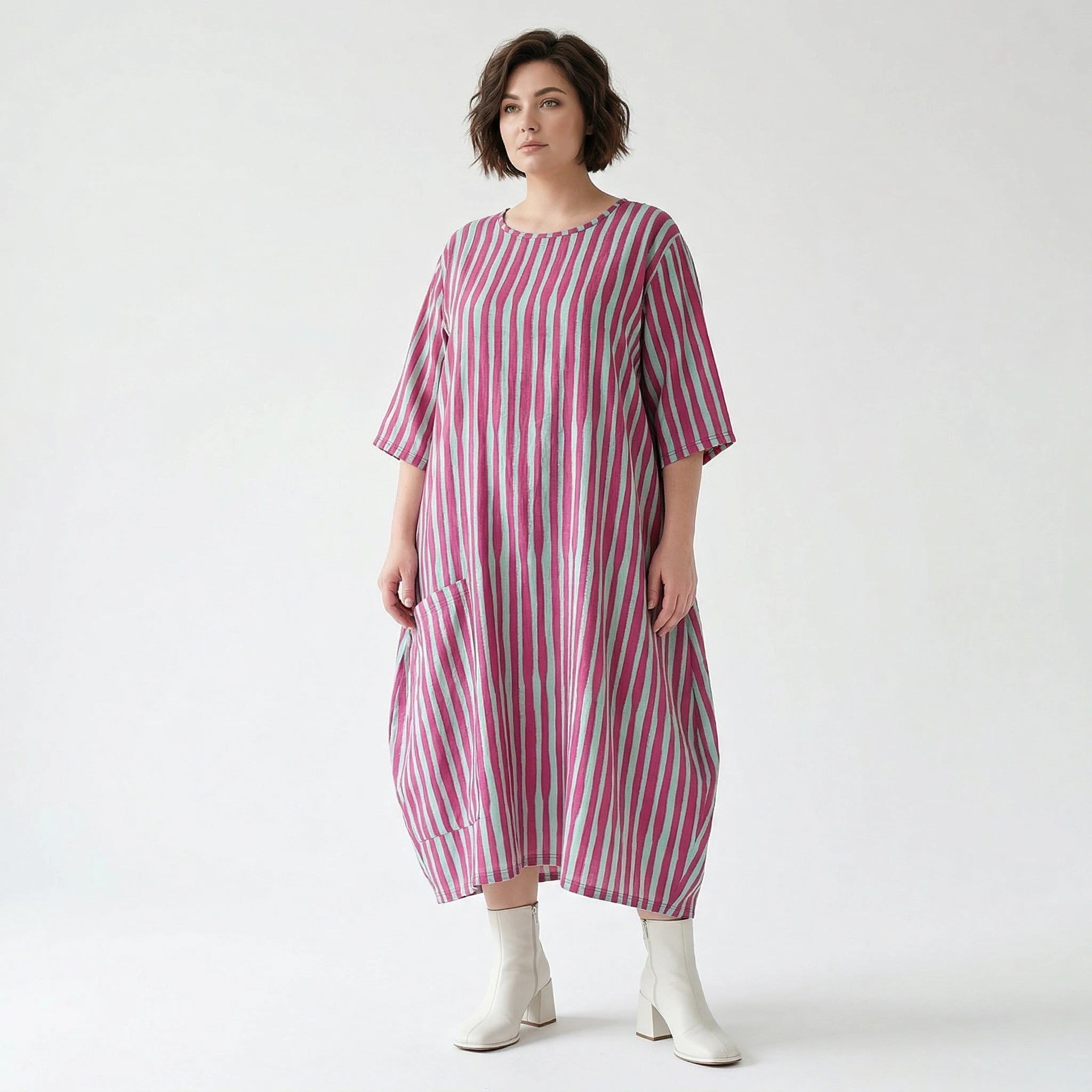 Luftig leichtes Oversize Kleid im Ballon Lagenlook mit ausgefallenen Blockstreifen, Fuchsia/Mint