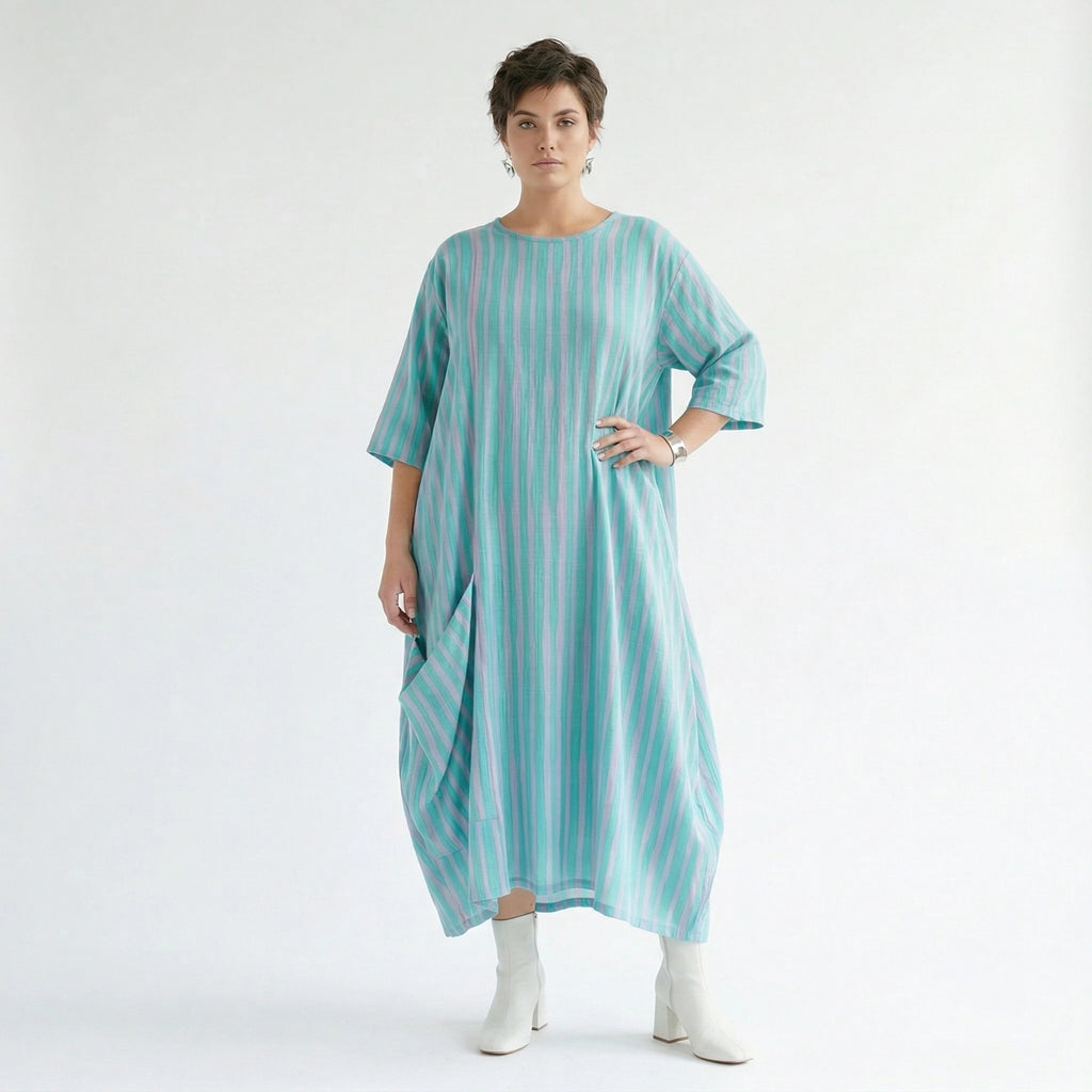 Mit luftig leichtem Lagenlook im ausgefallenen Oversize Style, Blockstreifen, zeitlos, Grün/Flieder