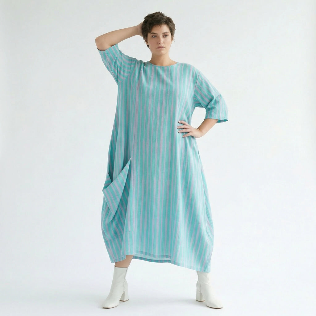 Mit luftig leichtem Lagenlook im ausgefallenen Oversize Style, Blockstreifen, zeitlos, Grün/Flieder