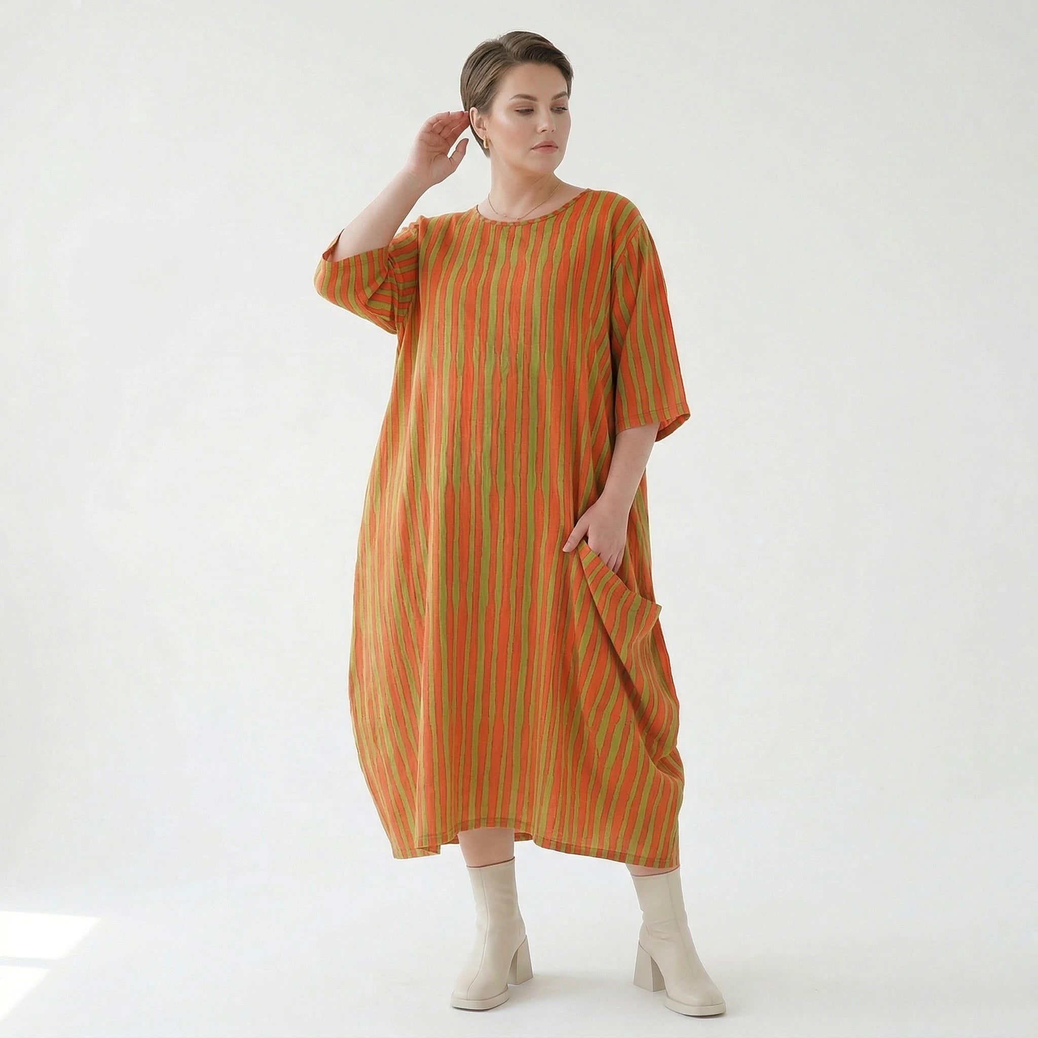 Luftiges Ballon Kleid im Lagenlook mit ausgefallenen Blockstreifen und zeitloser Leinen Optik, Orange/Apfelgrün