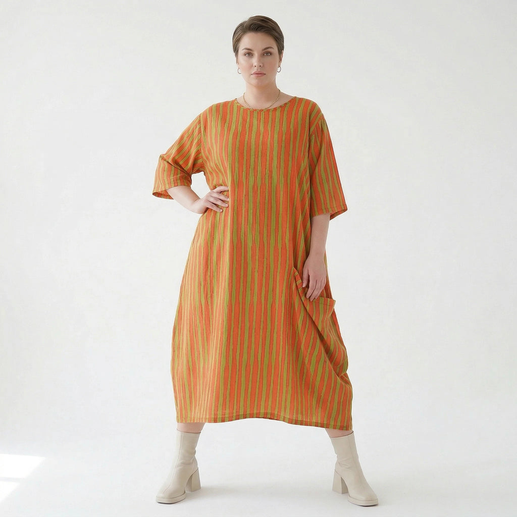 Luftiges Ballon Kleid im Lagenlook mit ausgefallenen Blockstreifen und zeitloser Leinen Optik, Orange/Apfelgrün