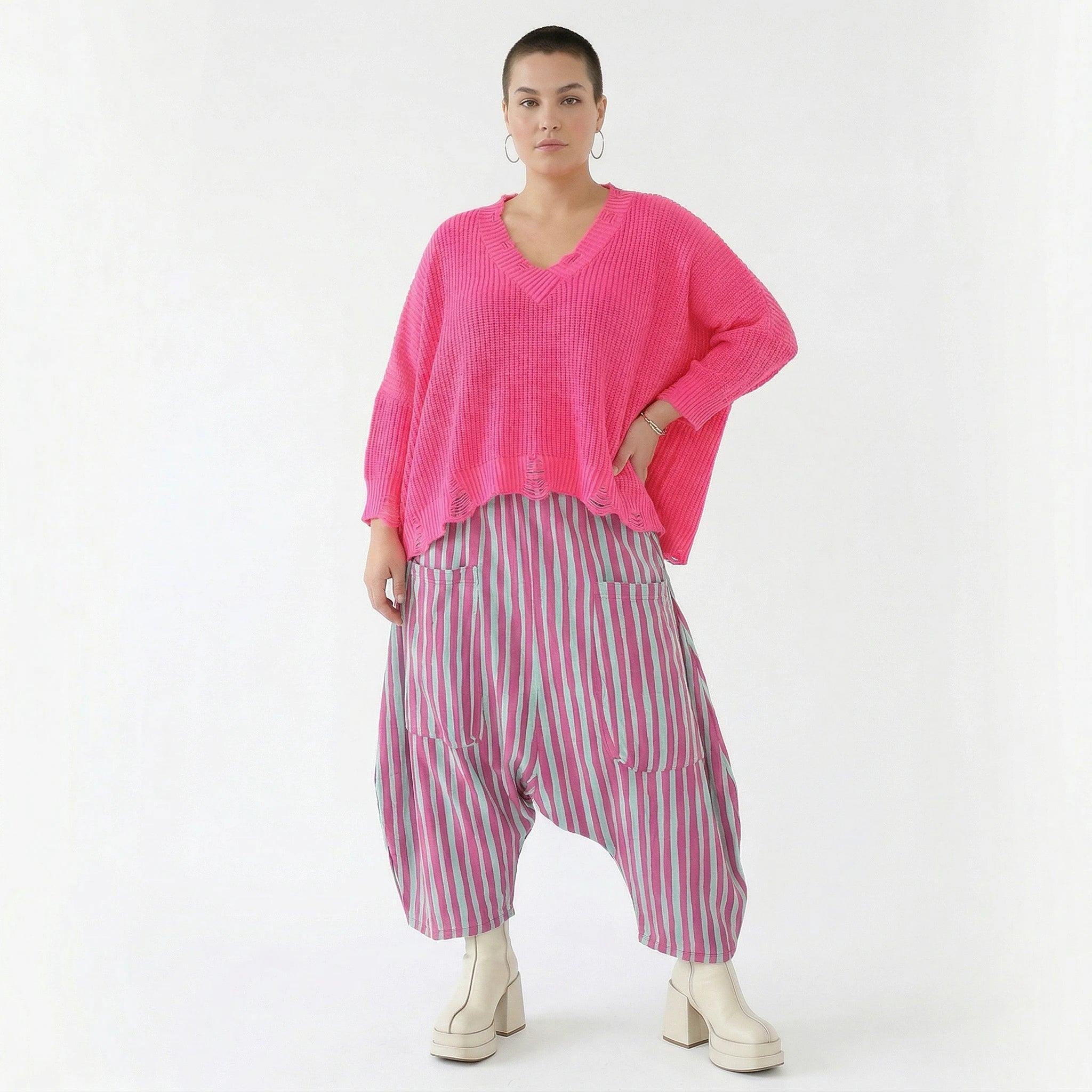Luftige Harem Hose im legeren Lagenlook mit tiefem Schritt und ausgefallenem Blockstreifen, Fuchsia/Mint