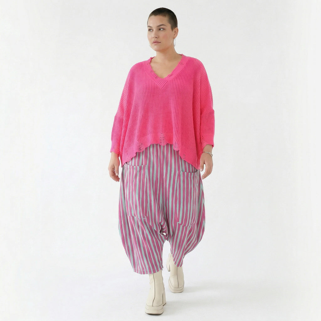 Luftige Harem Hose im legeren Lagenlook mit tiefem Schritt und ausgefallenem Blockstreifen, Fuchsia/Mint
