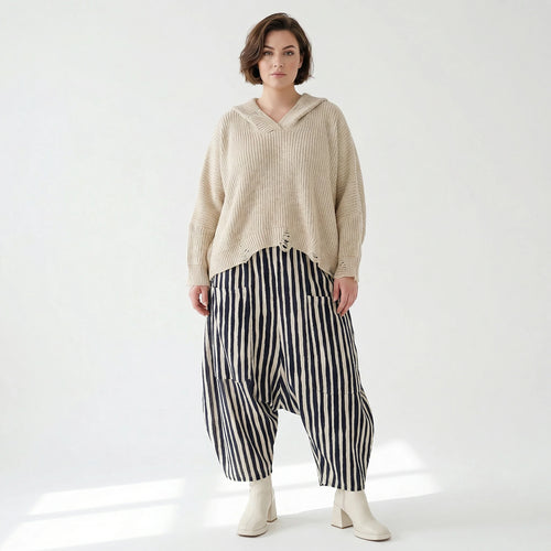 Luftig leichte Harem Hose im Lagenlook mit legerem Oversize Design und Blockstreifen, Marine/Weiß