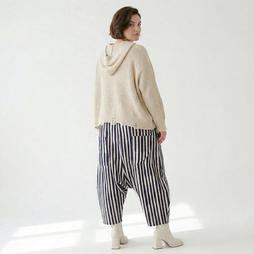 Luftig leichte Harem Hose im Lagenlook mit legerem Oversize Design und Blockstreifen, Marine/Weiß