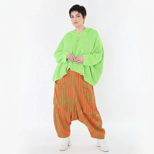 Leicht fließende Lagenlook Harem Hose mit Blockstreifen, luftigem Oversize Schnitt, Orange/Apfelgrün