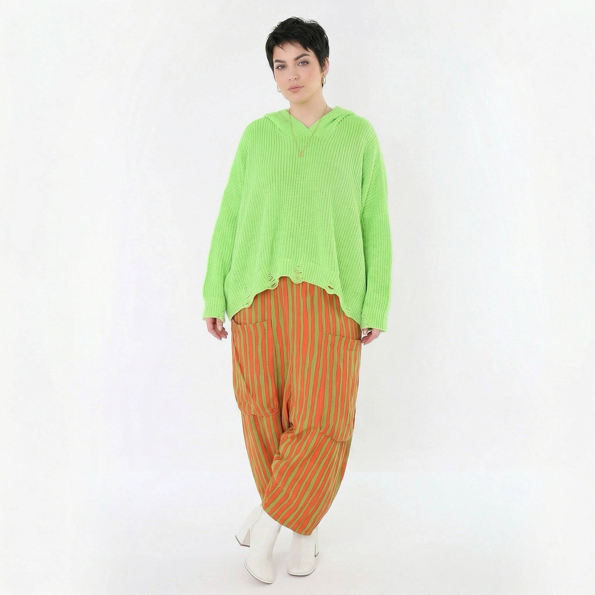 Leicht fließende Lagenlook Harem Hose mit Blockstreifen, luftigem Oversize Schnitt, Orange/Apfelgrün