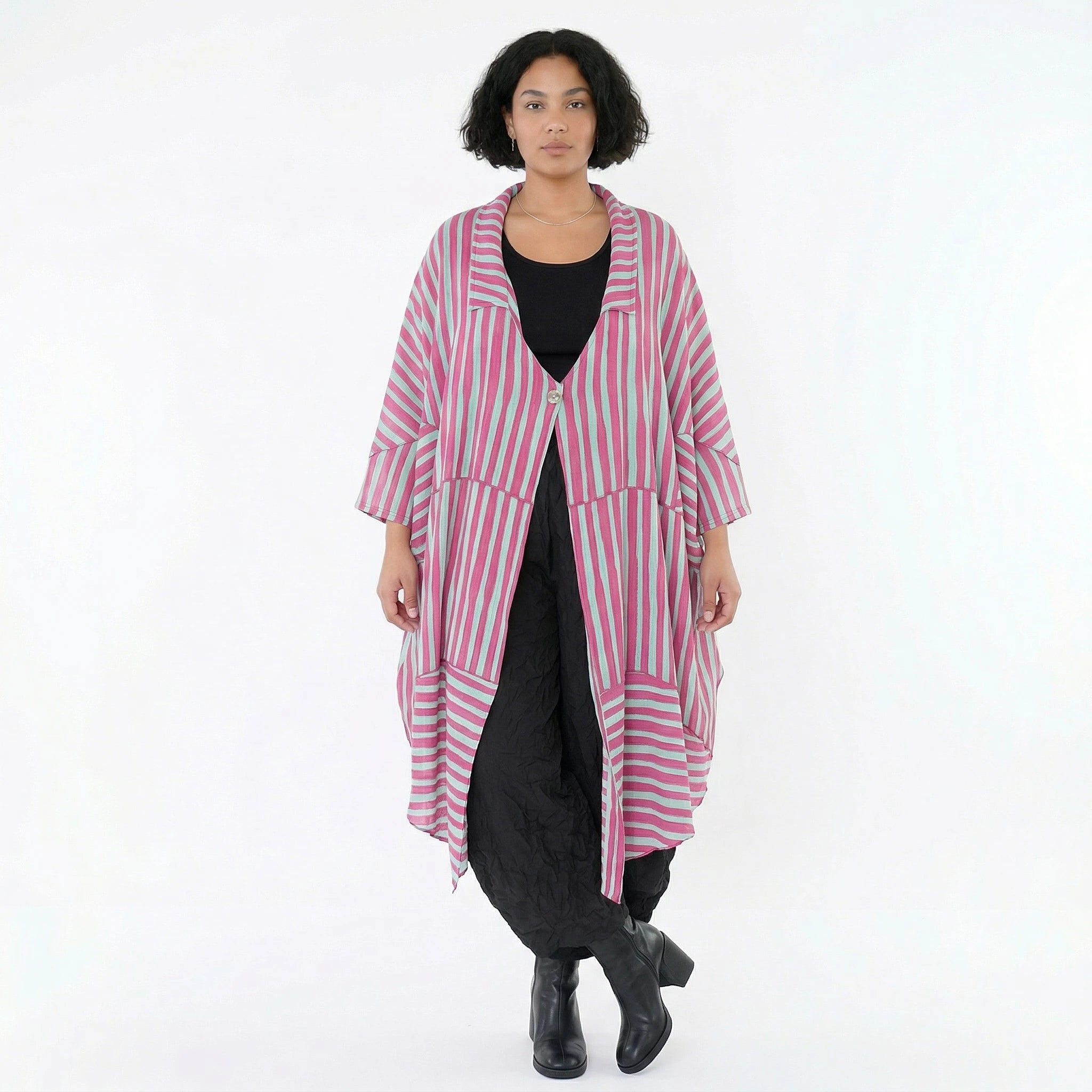 Luftig leichter Oversize Mantel mit A-Form und ausgefallenen Blockstreifen für Lagenlook, Fuchsia/Mint