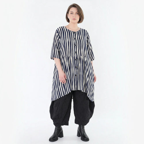 Stilvolle Oversize Bluse in A-Form mit zeitlosem Lagenlook und luftigem Blockstreifen Design, Marine/Weiß