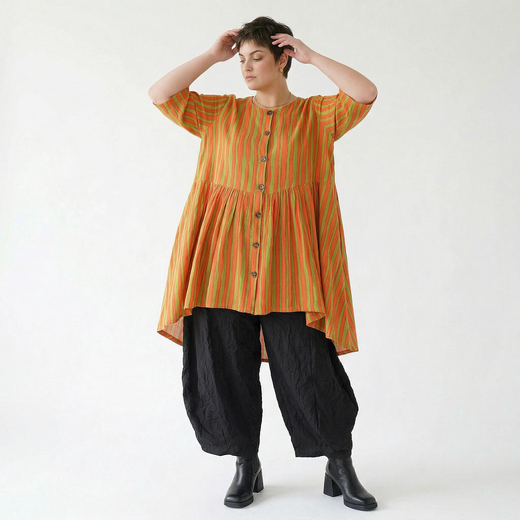 Stilvolle A-Form Bluse im Lagenlook mit luftigem Leinen Feeling und ausgefallenem Blockstreifen, Orange/Apfelgrün