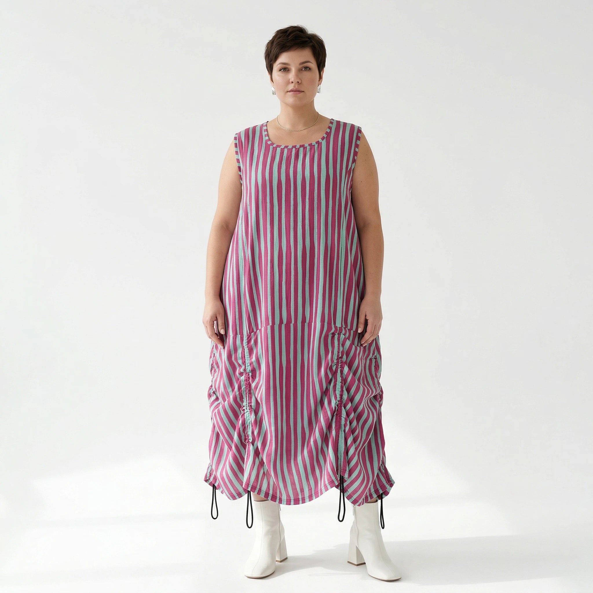 Luftiges Ballonkleid in lässigem Oversize Lagenlook mit raffiniertem Blockstreifenmuster, Fuchsia/Mint