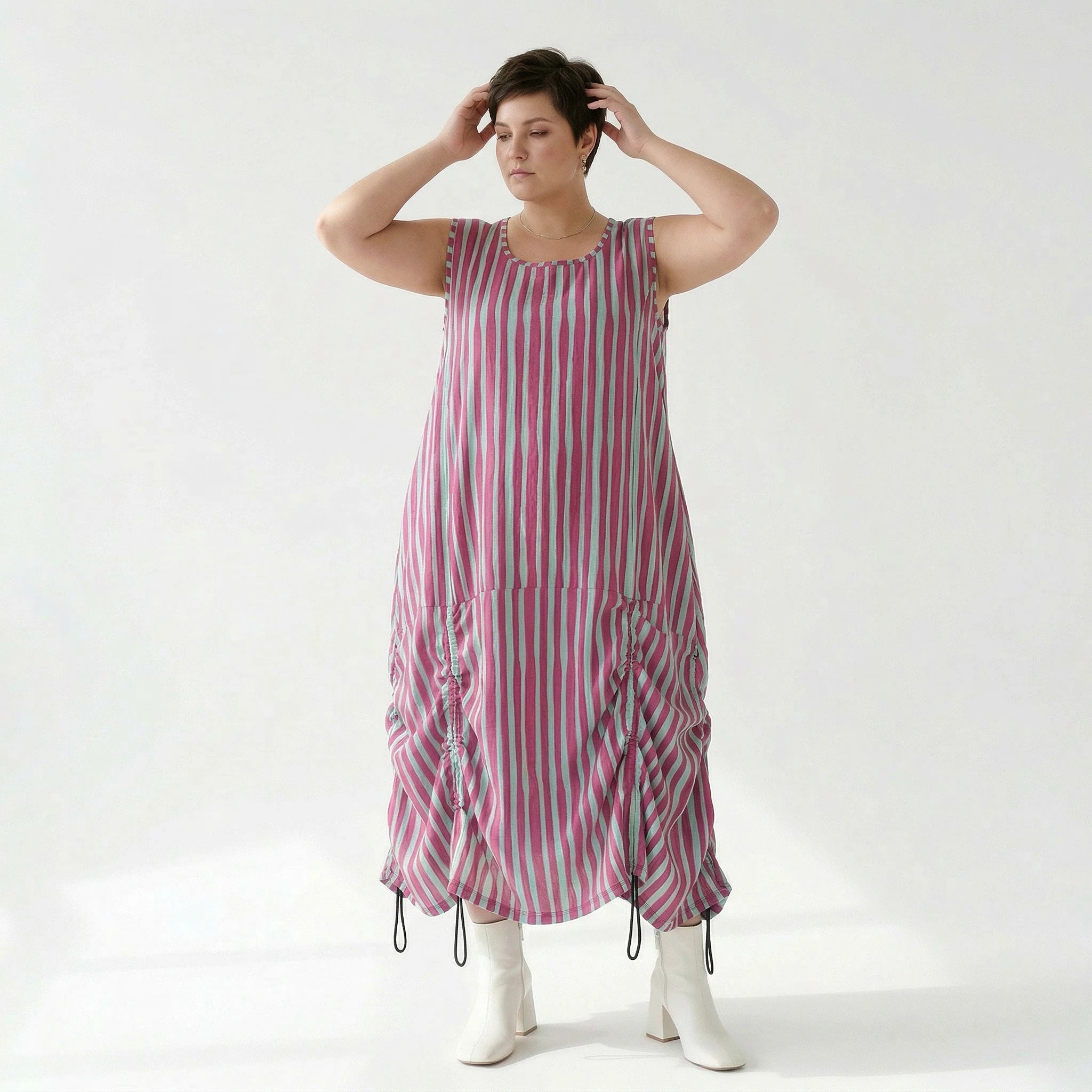 Luftiges Ballonkleid in lässigem Oversize Lagenlook mit raffiniertem Blockstreifenmuster, Fuchsia/Mint