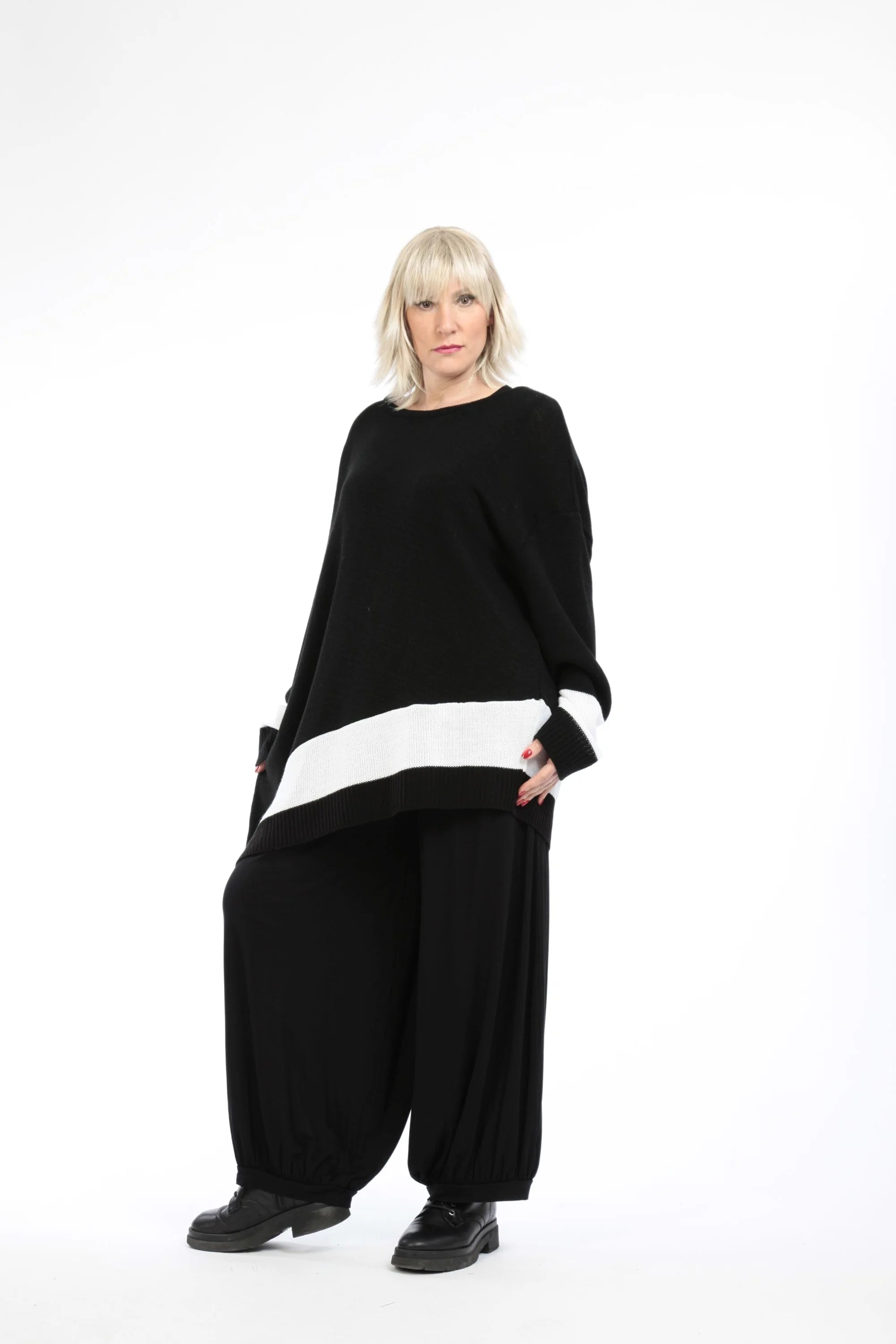  AKH Fashion Bigshirt in asymmetrischer Form, aus Baumwolle, 1204.02331, Schwarz-Weiß, Schick