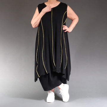  Ballon Tunika in Schwarz-Gelb für Lagenlook mit Overlock-Details, leicht und stretchig für Plus Size