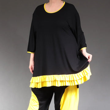  A-Form Shirt in Schwarz-Gelb mit Rundhalsausschnitt und 3/4 Ärmeln für Plus Size Fashion