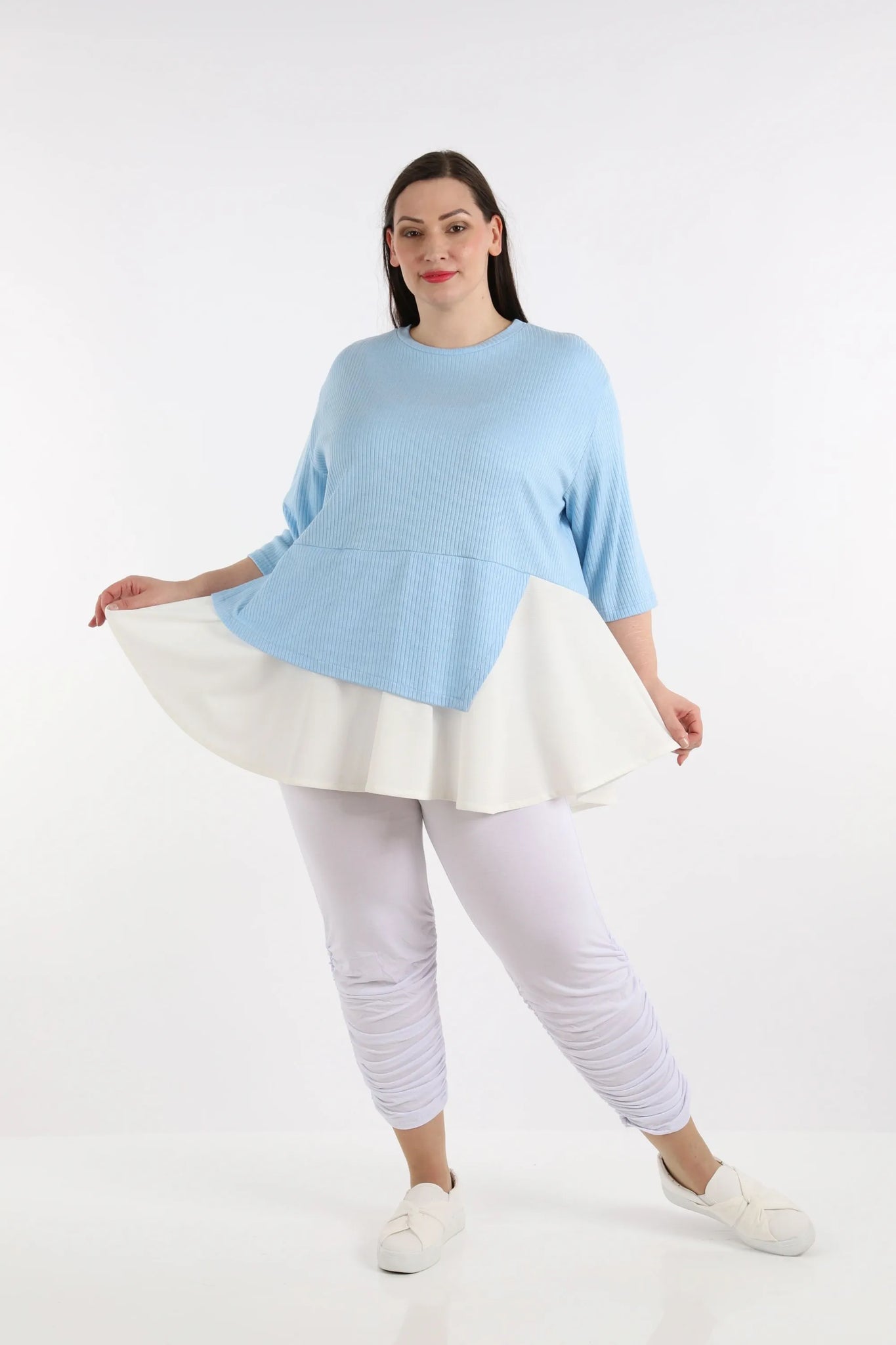  A-Form Shirt mit weichem Ripp-Stoff und klassischem Streifenmuster in Hellblau-Weiß für Plus Size