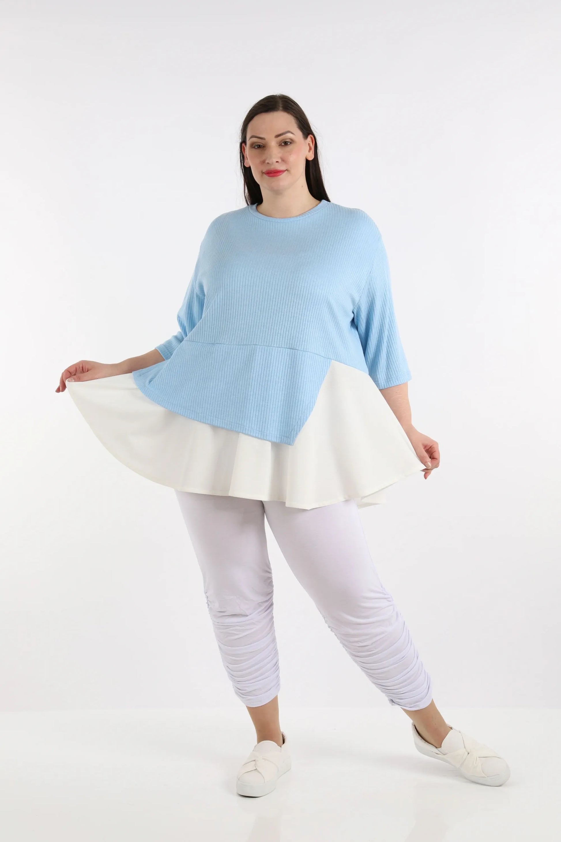  A-Form Shirt mit weichem Ripp-Stoff und klassischem Streifenmuster in Hellblau-Weiß für Plus Size