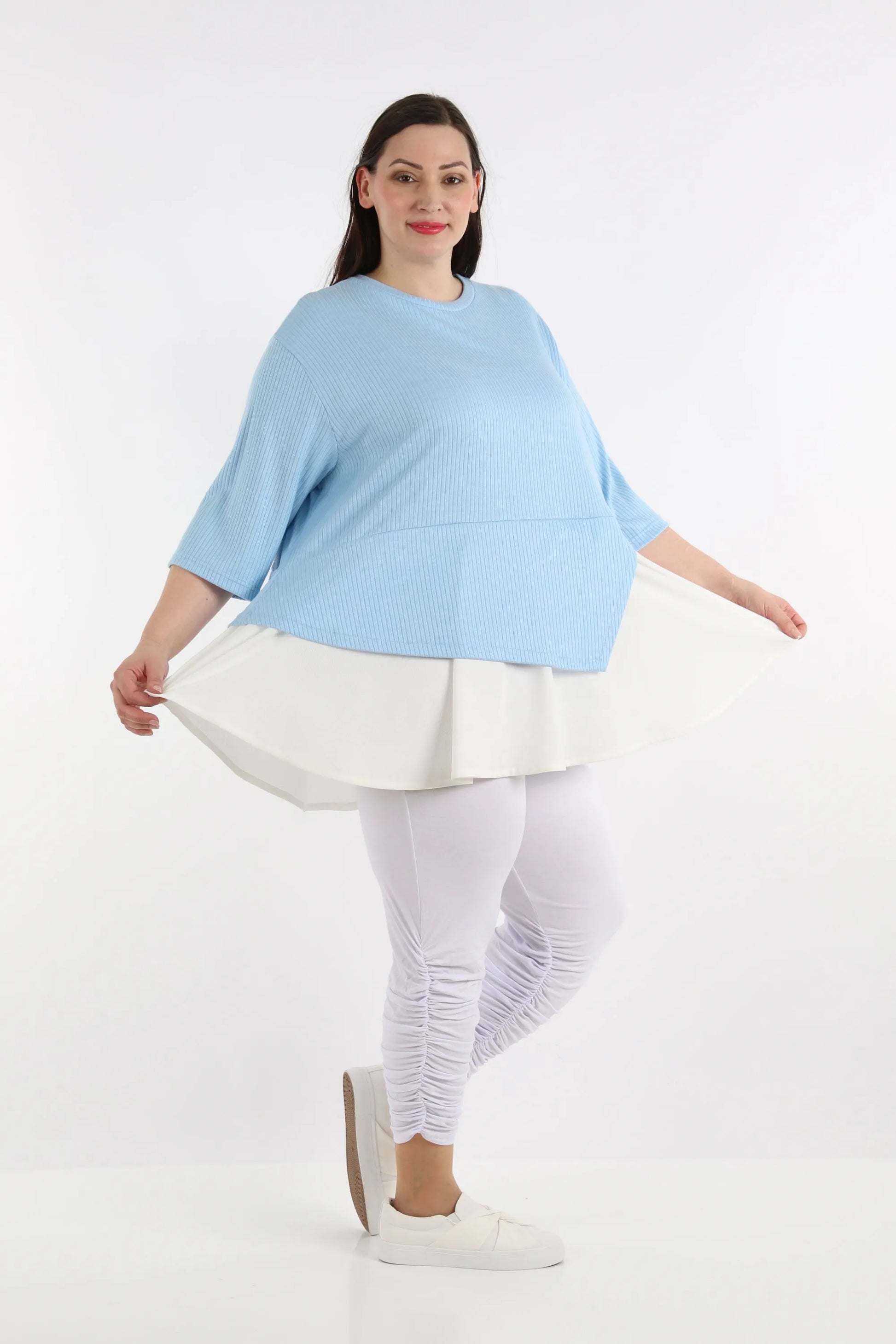  A-Form Shirt mit weichem Ripp-Stoff und klassischem Streifenmuster in Hellblau-Weiß für Plus Size